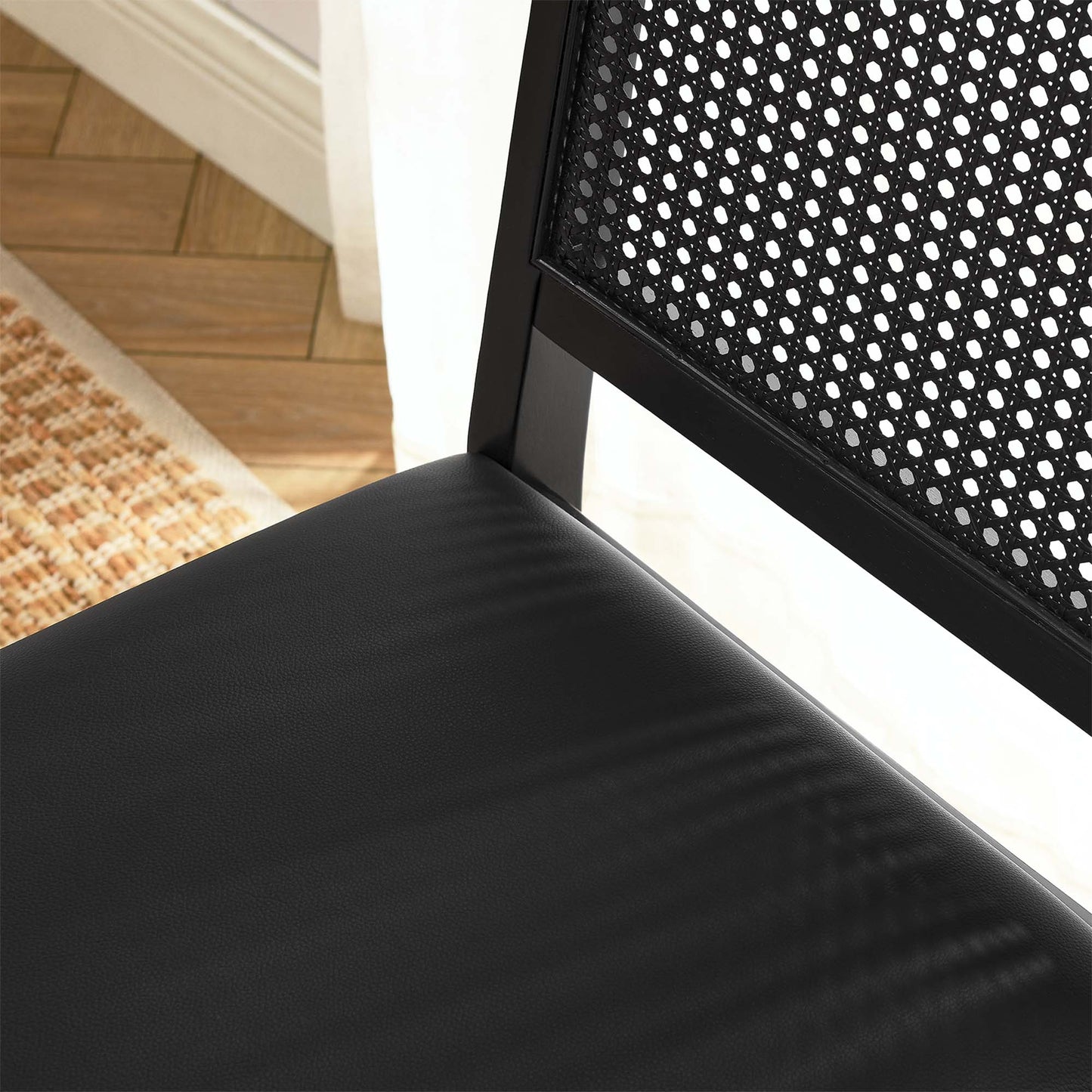 Arlo Vegan Leather Upholstered Faux Rattan and Wood Dining Side Chairs Set of 2 by Modway EEI-6802-BLK-BLK-BLK