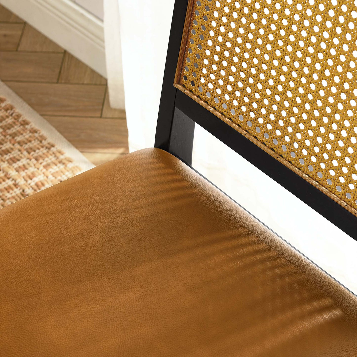 Arlo Vegan Leather Upholstered Faux Rattan and Wood Dining Side Chairs Set of 2 by Modway EEI-6802-BLK-NAT-TAN