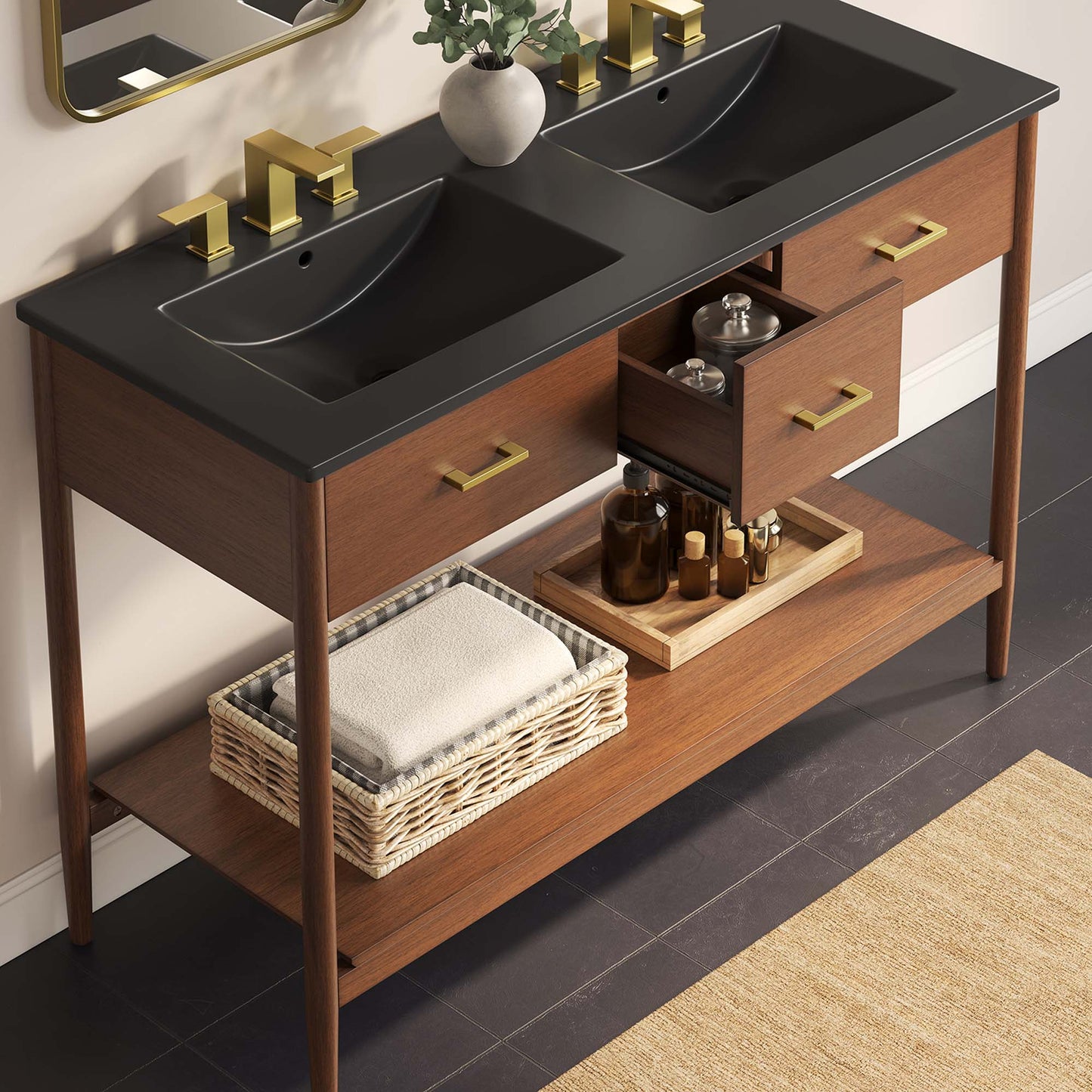 Zaire 48" Double Sink Bathroom Vanity by Modway EEI-6827-WAL-BLK