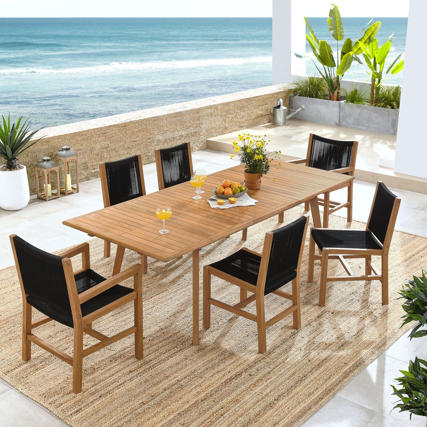 Vienna 7-Piece Outdoor Patio Teak and Rope Dining Set by Modway EEI-6928-NAT-BLK