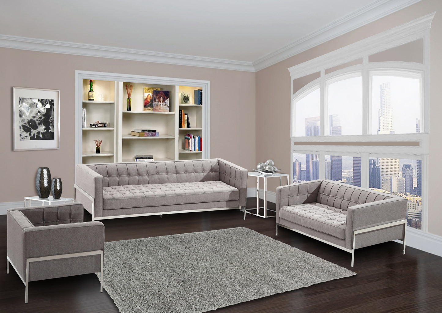 Andre Contemporary Sofa In Gray Tweed and Stainless Steel