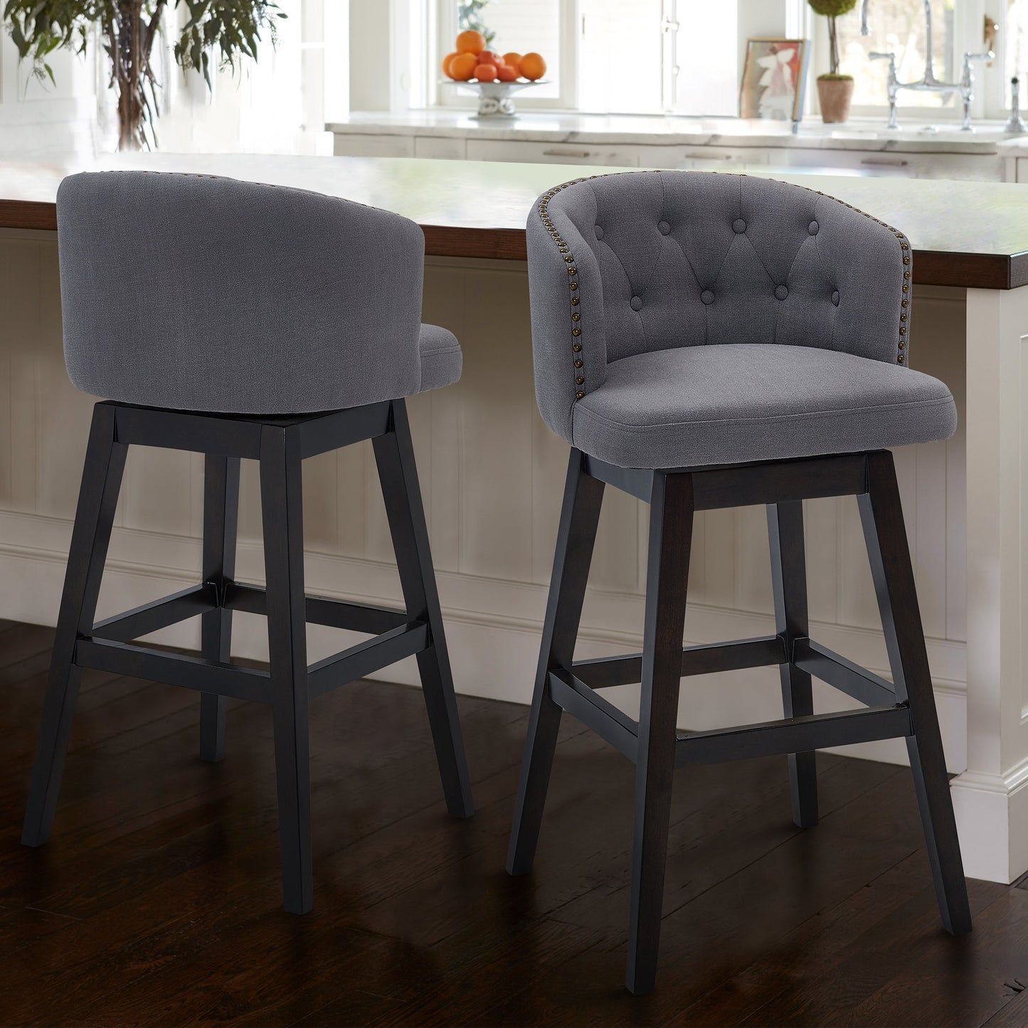 Celine Swivel Fabric and Espresso Wood Bar Stool - Counter and Bar Height Options