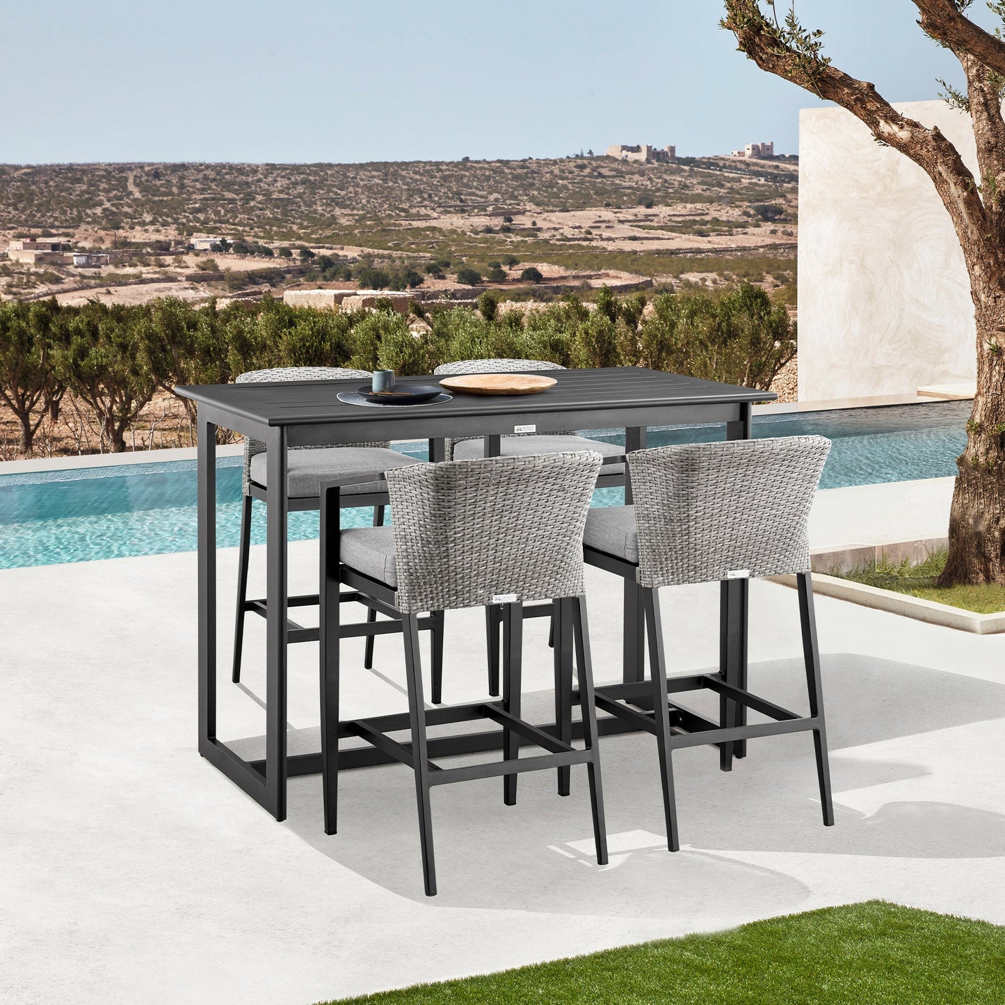 Palma Outdoor Patio Bar Stool in Aluminum and Wicker with Cushions