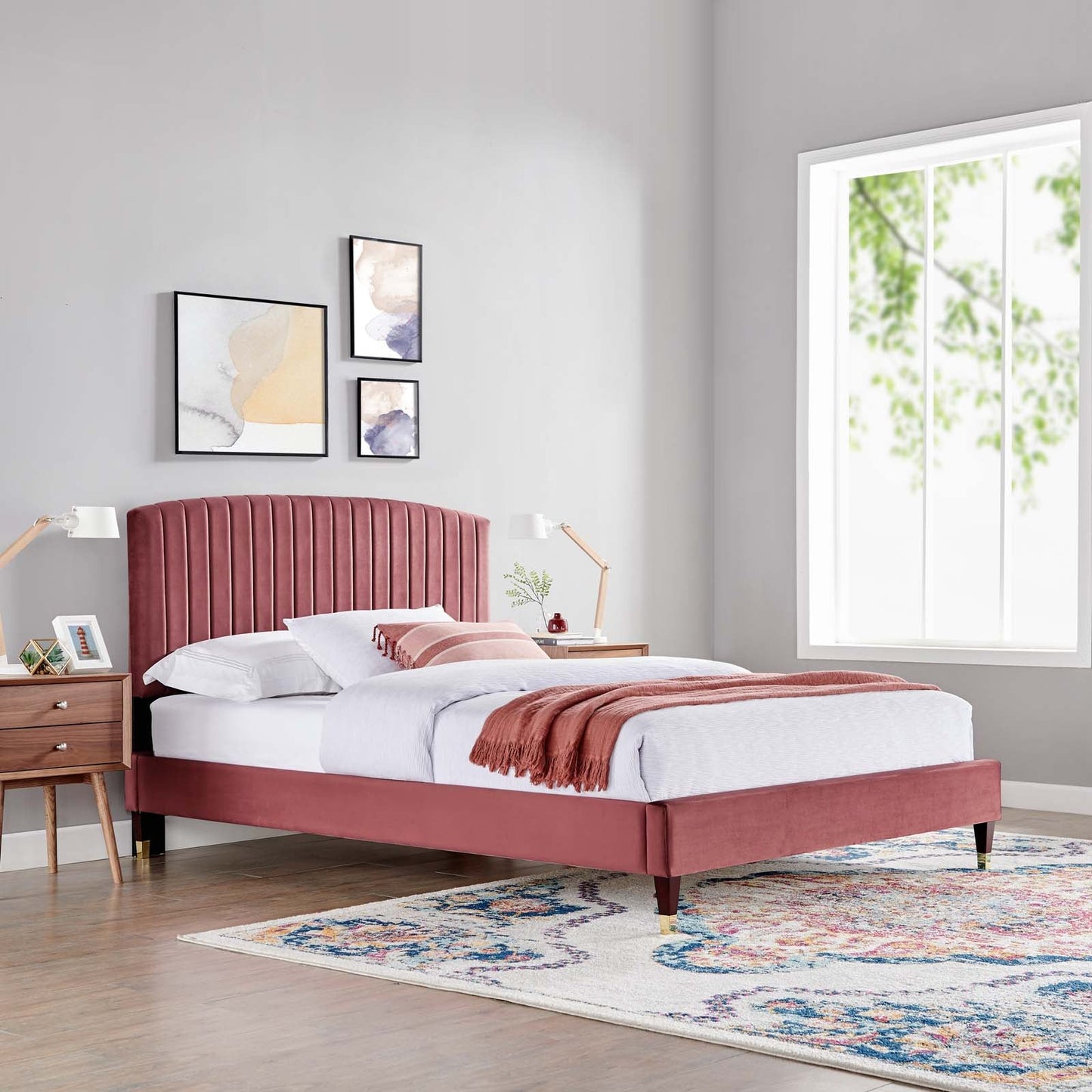 Alessi Performance Velvet Queen Platform Bed Dusty Rose MOD-6284-DUS