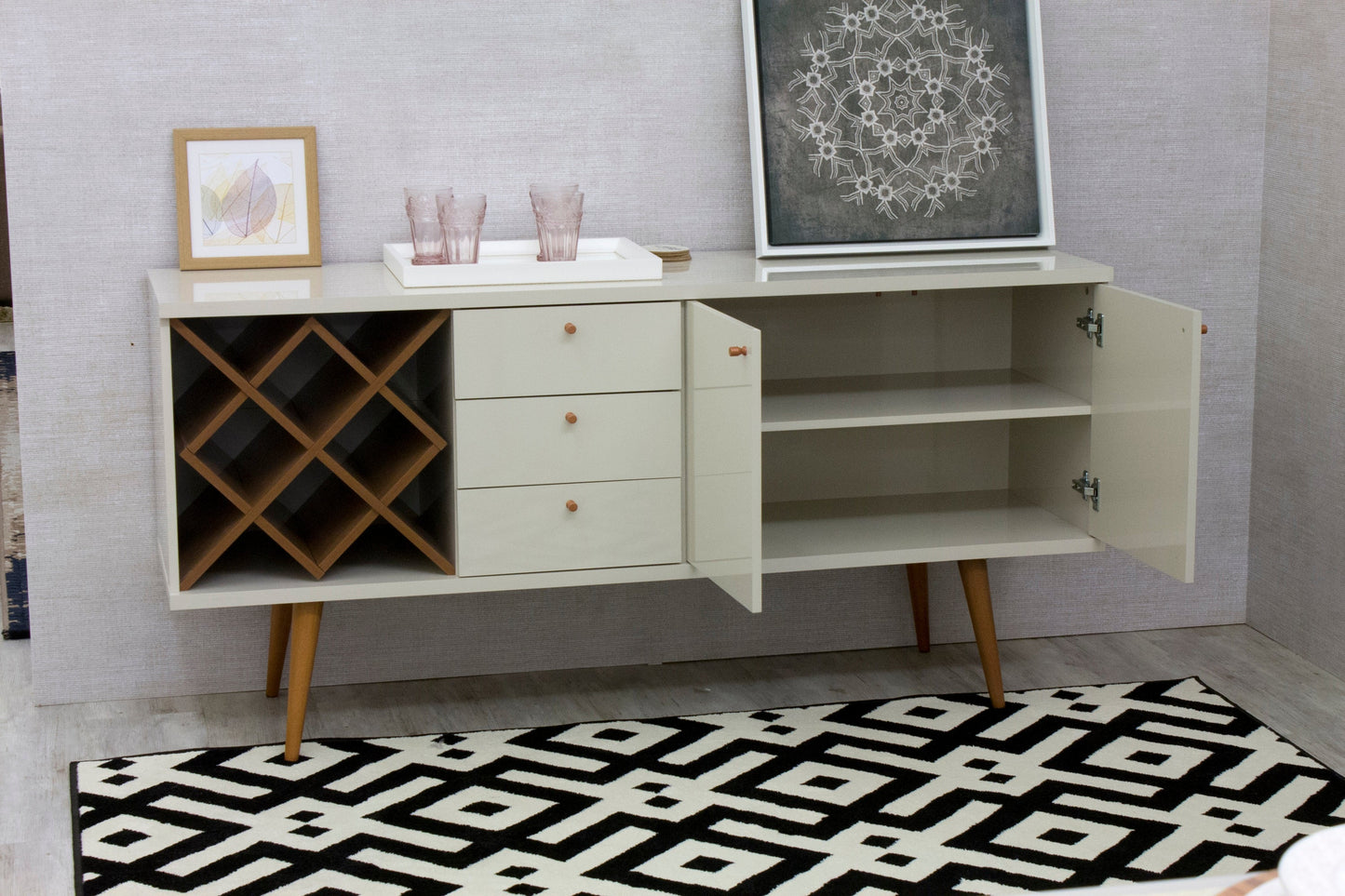 Manhattan Comfort Utopia 4 Bottle Wine Rack Sideboard Buffet Stand with 3 Drawers and 2 Shelves in Off White and Maple Cream 1010452