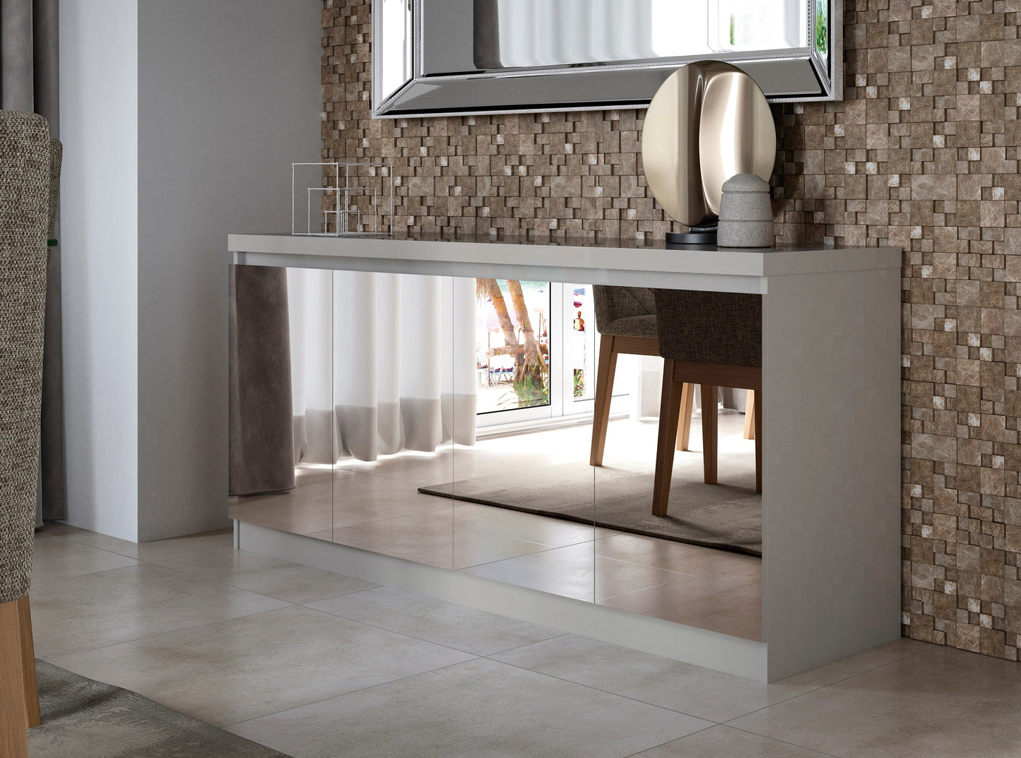 Manhattan Comfort Viennese 62.99 in. 6-Shelf Buffet Cabinet with Mirrors in Off White 105955