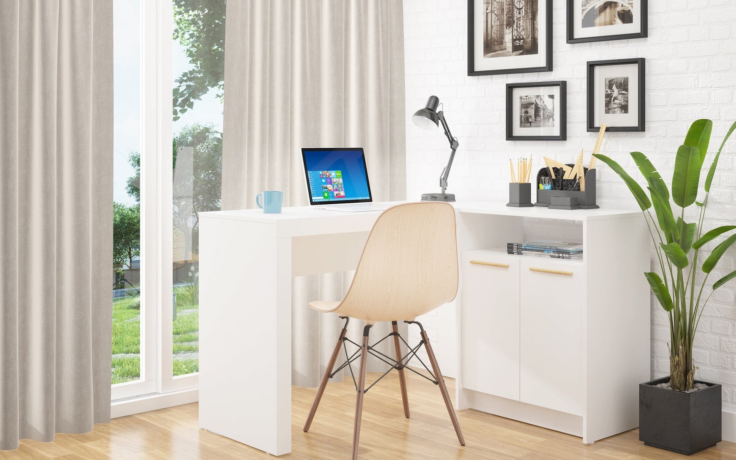 Manhattan Comfort Kalmar L-Shaped Office Desk with Inclusive Cabinet in White 138AMC6