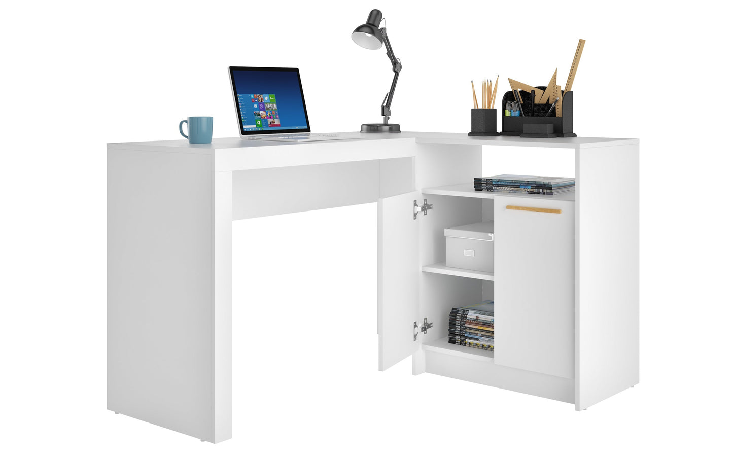 Manhattan Comfort Kalmar L-Shaped Office Desk with Inclusive Cabinet in White 138AMC6