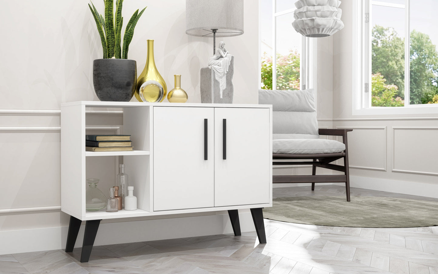 Manhattan Comfort Mid-Century- Modern Amsterdam 35.43" Sideboard with 4 Shelves in White 147AMC205
