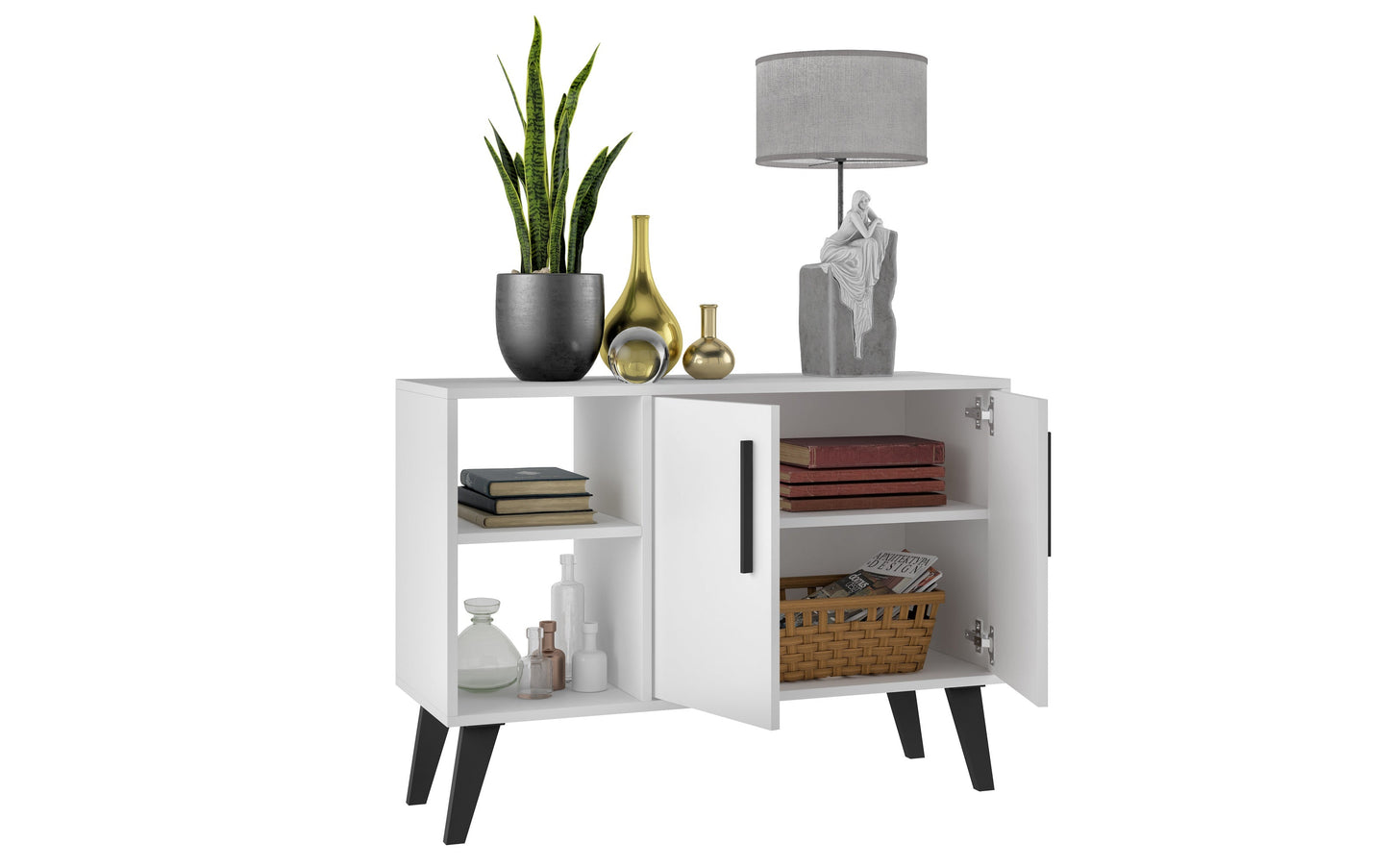 Manhattan Comfort Mid-Century- Modern Amsterdam 35.43" Sideboard with 4 Shelves in White 147AMC205