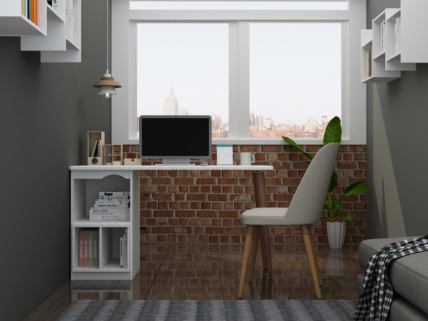 Manhattan Comfort Hampton 53.54 Home Office Desk with 3 Cubby Spaces and Solid Wood Legs in White 15PMC1