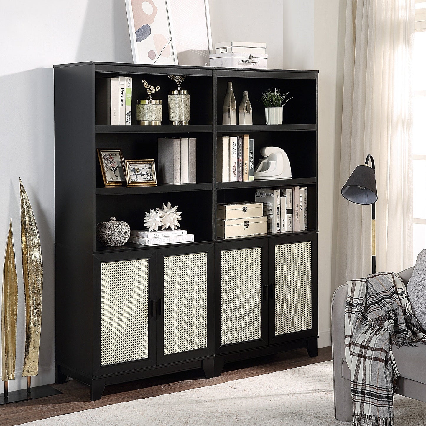 Manhattan Comfort Sheridan Modern Cane Bookcase with Adjustable Shelves in Black - Set of 2 2-BC-6GLF-BK