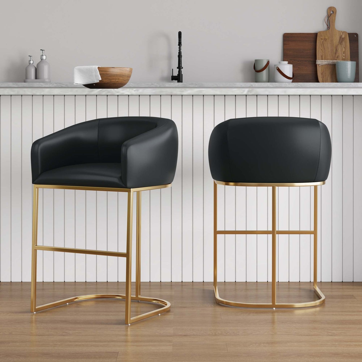 Manhattan Comfort Louvre Mid-Century Modern Leatherette and Stainless Steel Barstools