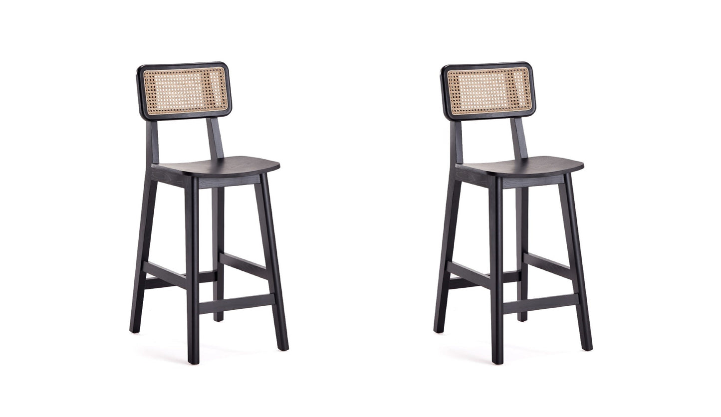 Manhattan Comfort Versailles Counter Stool in Black and Natural Cane - Set of 2