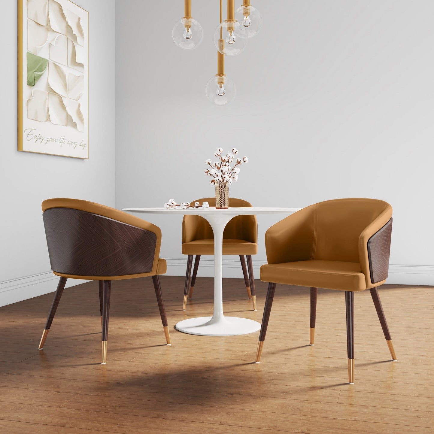 Manhattan Comfort Modern Raya Dining Chair Upholstered in Leatherette with Beech Wood Back and Solid Wood Legs in Walnut and Camal- Set of 2 2-DC082-CL