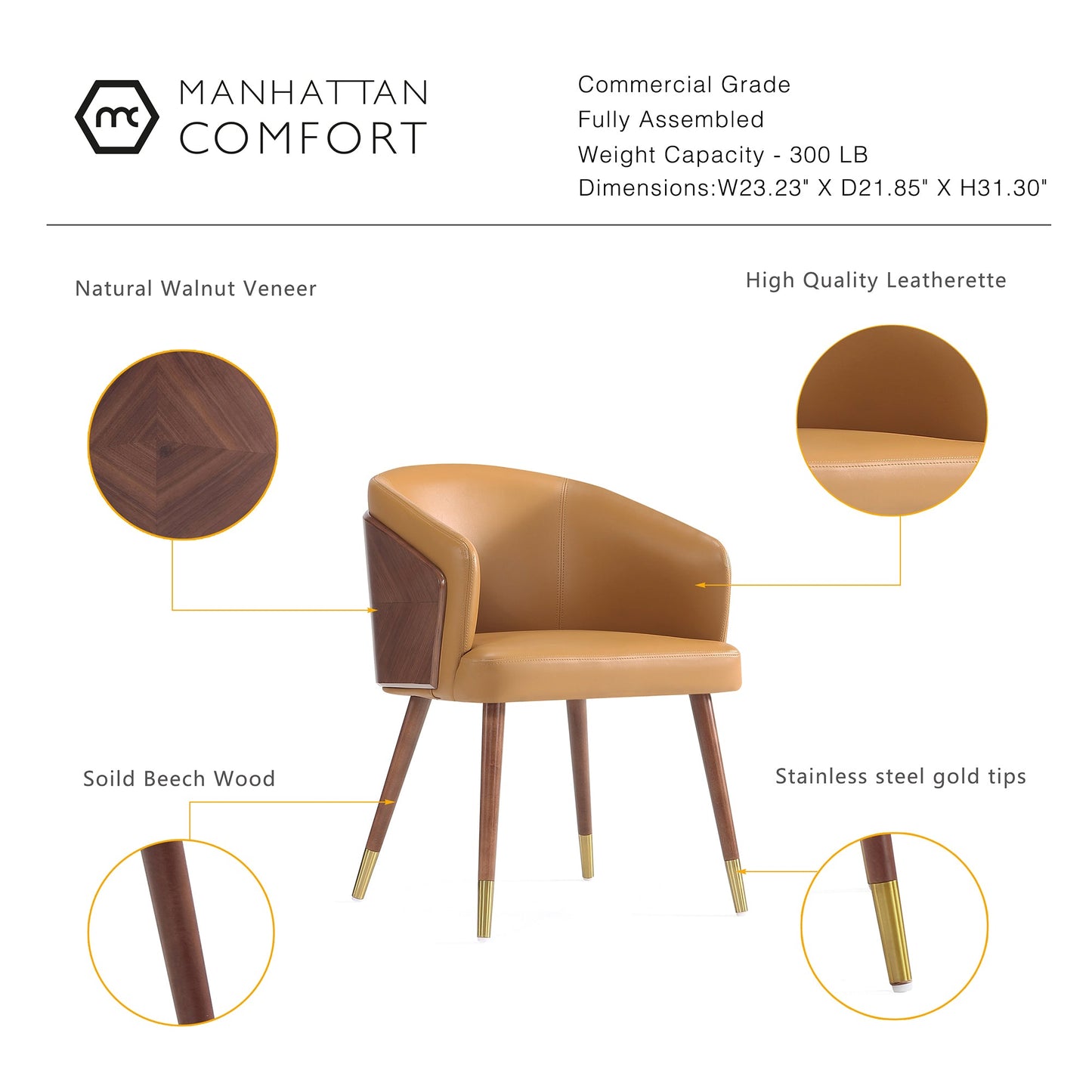 Manhattan Comfort Modern Raya Dining Chair Upholstered in Leatherette with Beech Wood Back and Solid Wood Legs in Walnut and Camal- Set of 2 2-DC082-CL