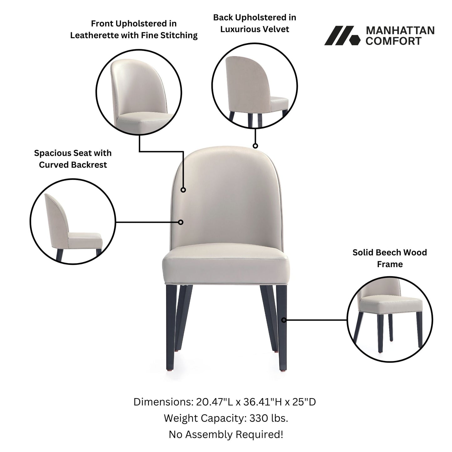 Manhattan Comfort Hillman Modern Leatherette and Velvet Upholstered Dining Chair in Light Grey - Set of 4 2-DC087-LG