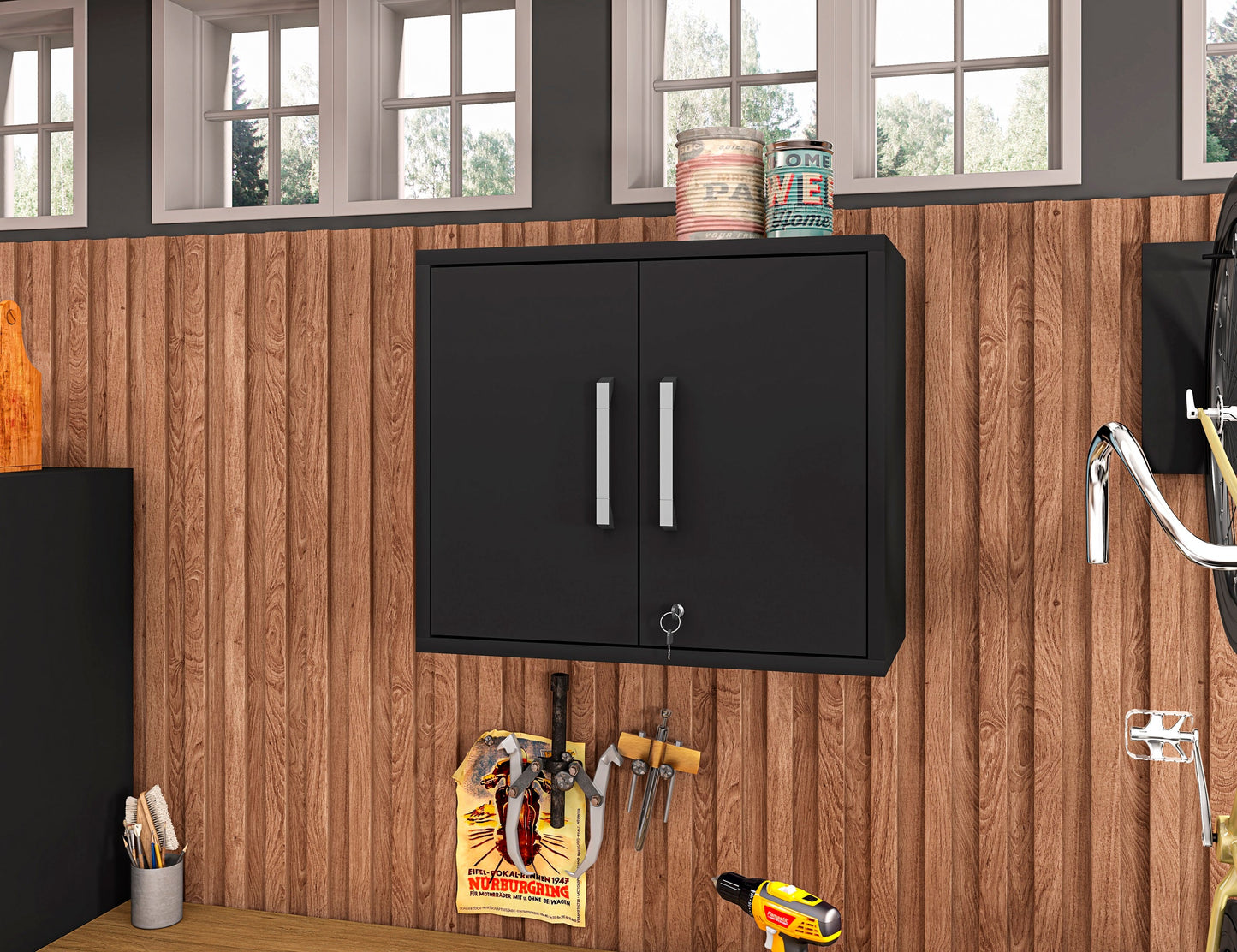 Manhattan Comfort Eiffel Floating Garage Storage Cabinet with Lock and Key in Black Matte 251BMC8