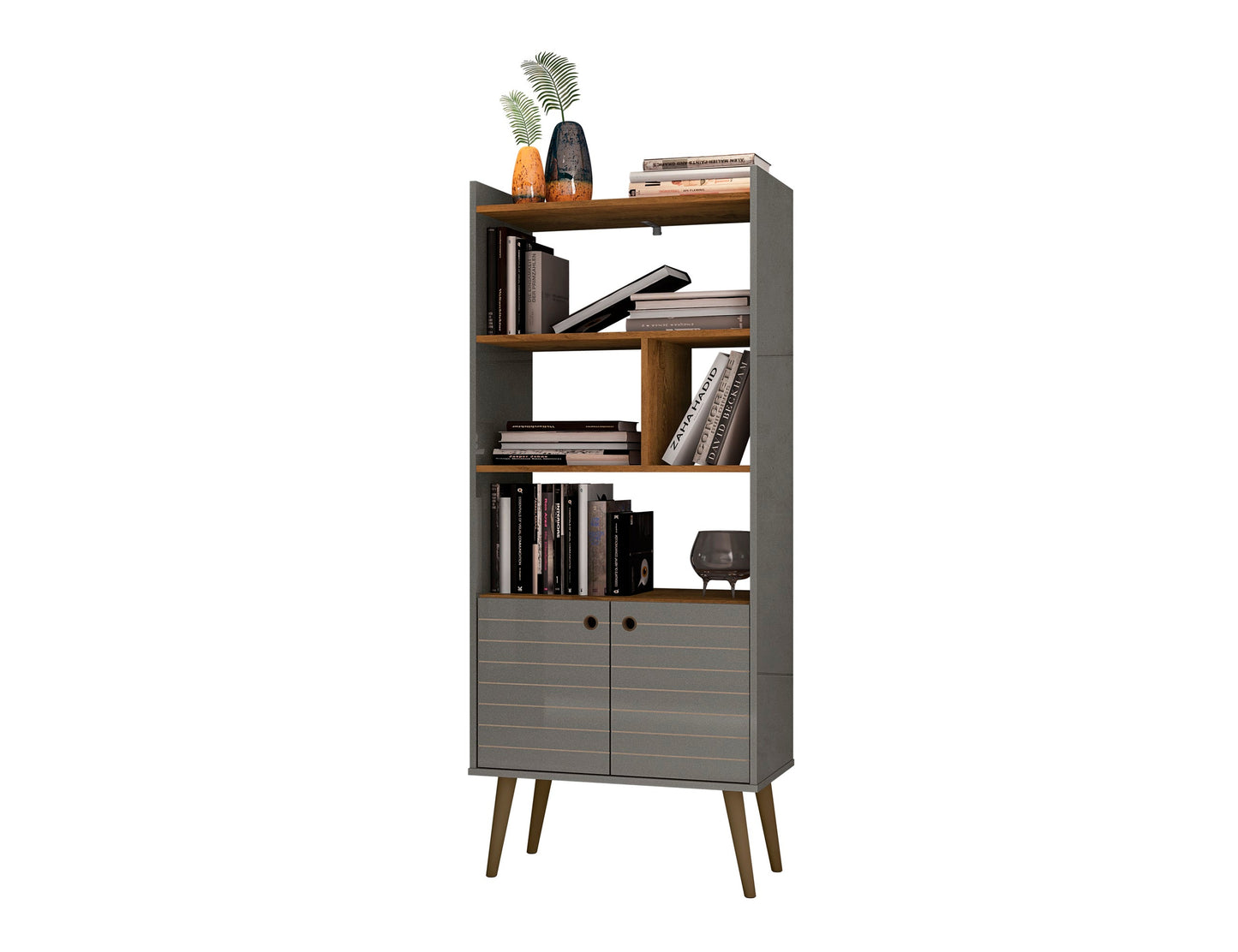 Manhattan Comfort Bogart 62.6" Mid-Century Modern Bookcase in Grey and Nature 254BMC50