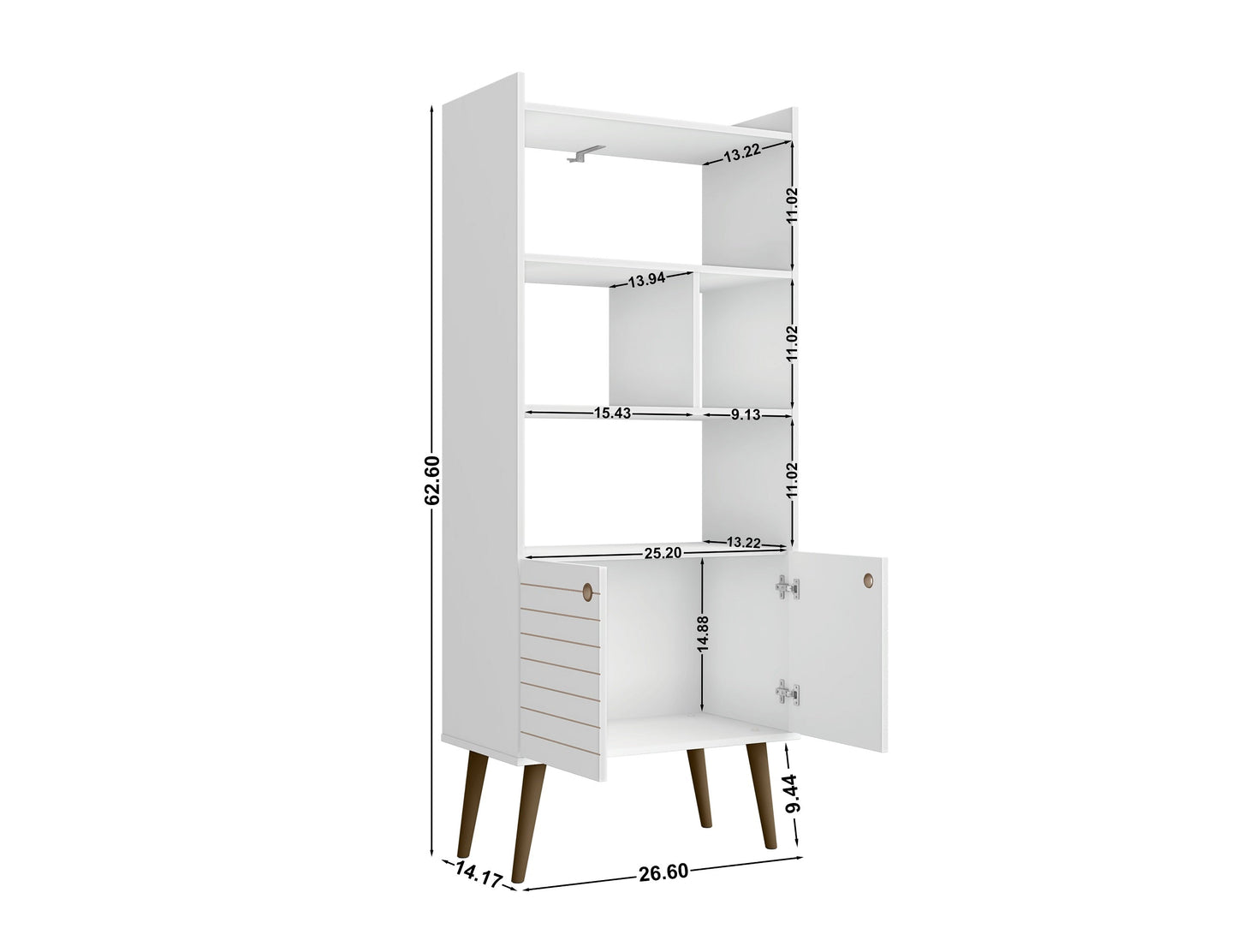 Manhattan Comfort Bogart 62.6" Mid-Century Modern Bookcase in White and Nature 254BMC6