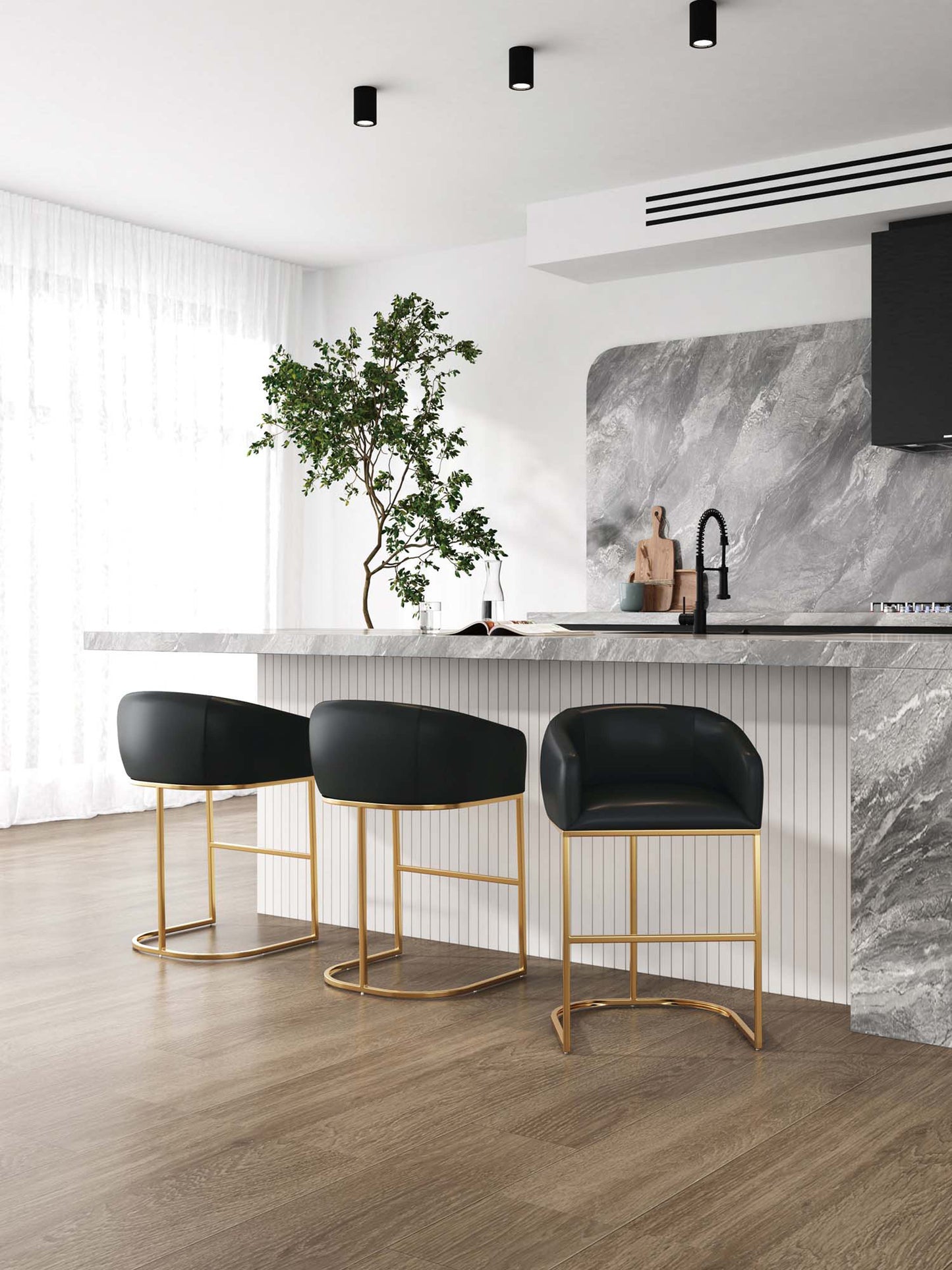 Manhattan Comfort Louvre Mid-Century Modern Leatherette and Stainless Steel Barstools