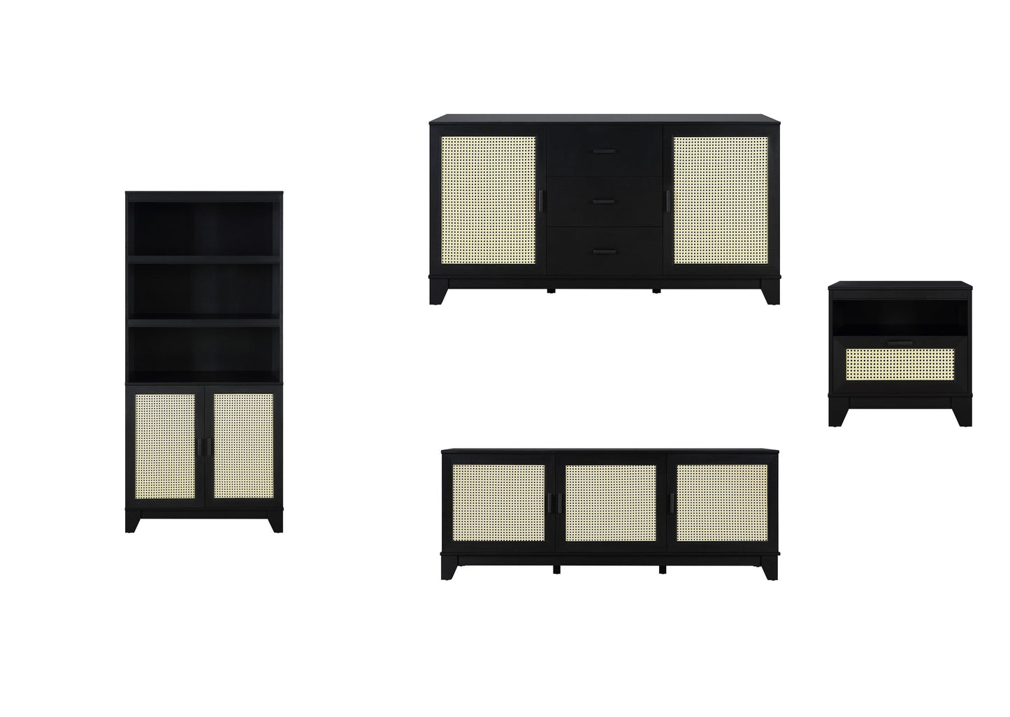 Manhattan Comfort Sheridan Modern Cane 4-Piece Set: Bookcase, TV Stand, Sideboard, End Table in Black 4-3456GLF-BK