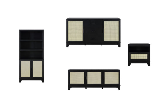 Manhattan Comfort Sheridan Modern Cane 4-Piece Set: Bookcase, TV Stand, Sideboard, End Table in Black 4-3456GLF-BK