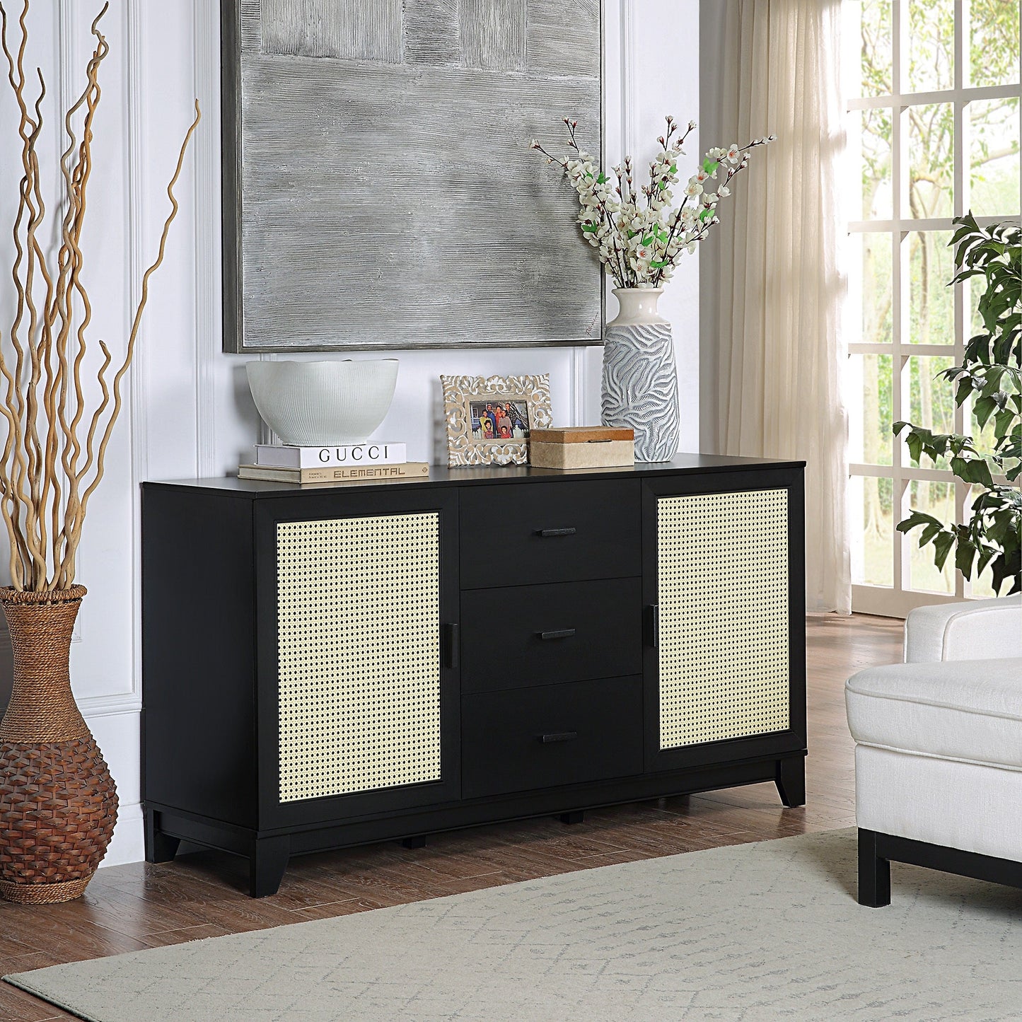Manhattan Comfort Sheridan Modern Cane 4-Piece Set: Bookcase, TV Stand, Sideboard, End Table in Black 4-3456GLF-BK