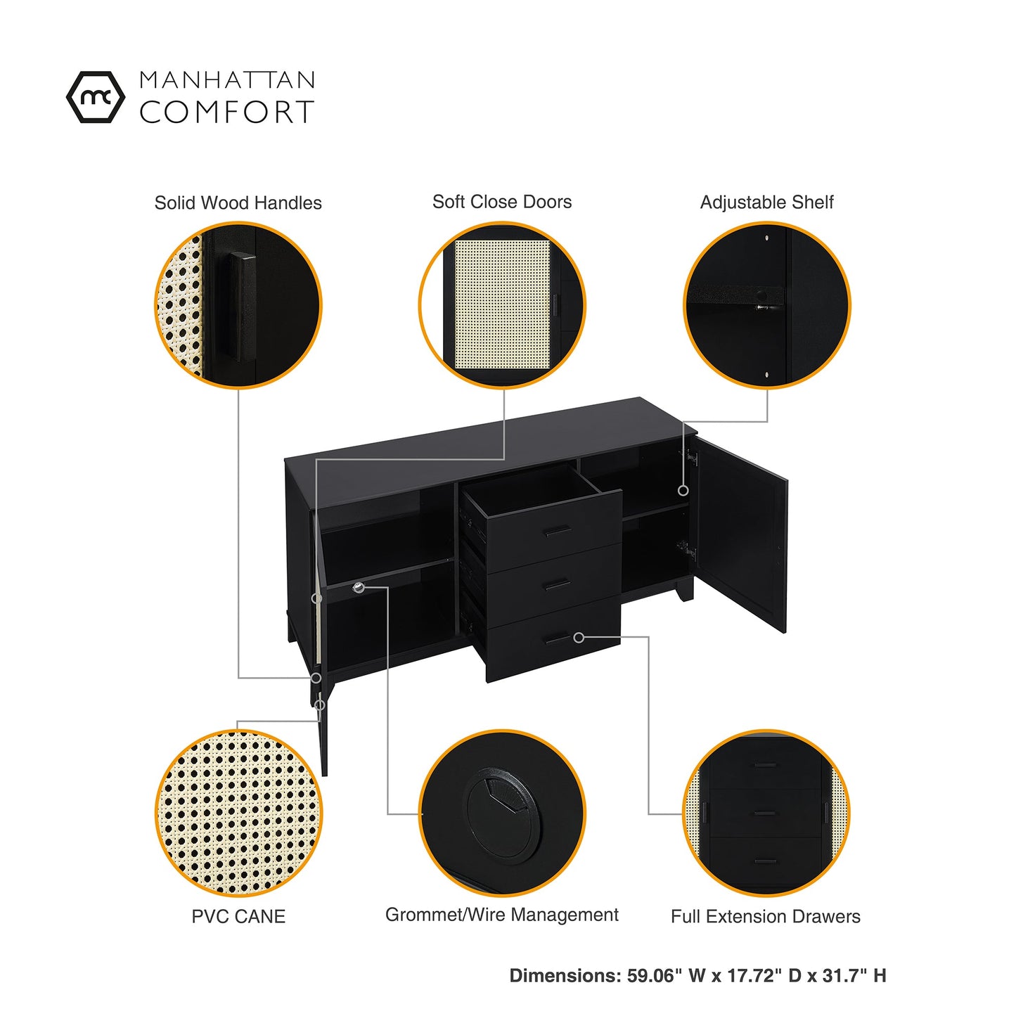 Manhattan Comfort Sheridan Modern Cane 4-Piece Set: Bookcase, TV Stand, Sideboard, End Table in Black 4-3456GLF-BK