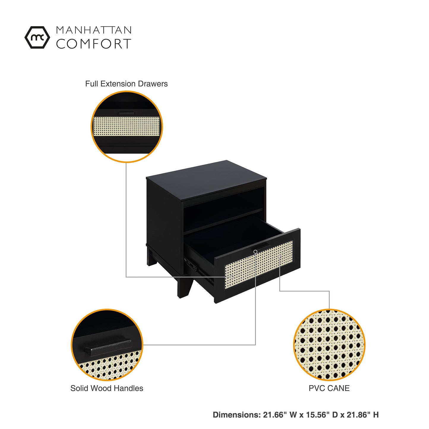 Manhattan Comfort Sheridan Modern Cane 4-Piece Set: Bookcase, TV Stand, Sideboard, End Table in Black 4-3456GLF-BK