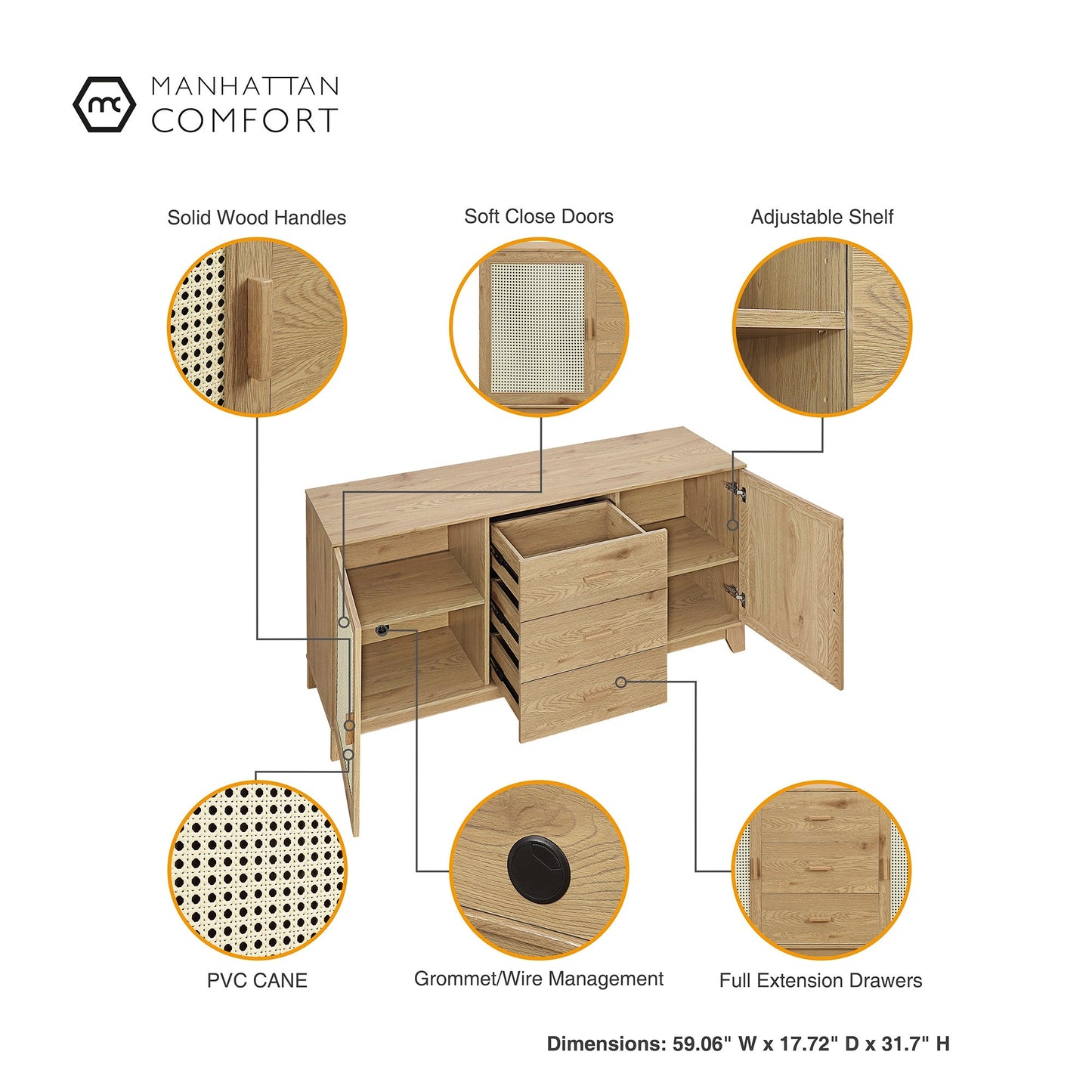 Manhattan Comfort Sheridan Modern Cane 4-Piece Set: Bookcase, TV Stand, Sideboard, End Table in Nature 4-3456GLF-NA