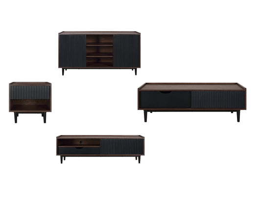 Manhattan Comfort Duane Modern Ribbed 4 Piece Living Room Set: Sideboard, TV Stand, Coffee Table, End Table in Dark Brown and Black 4-8911GLF-BK