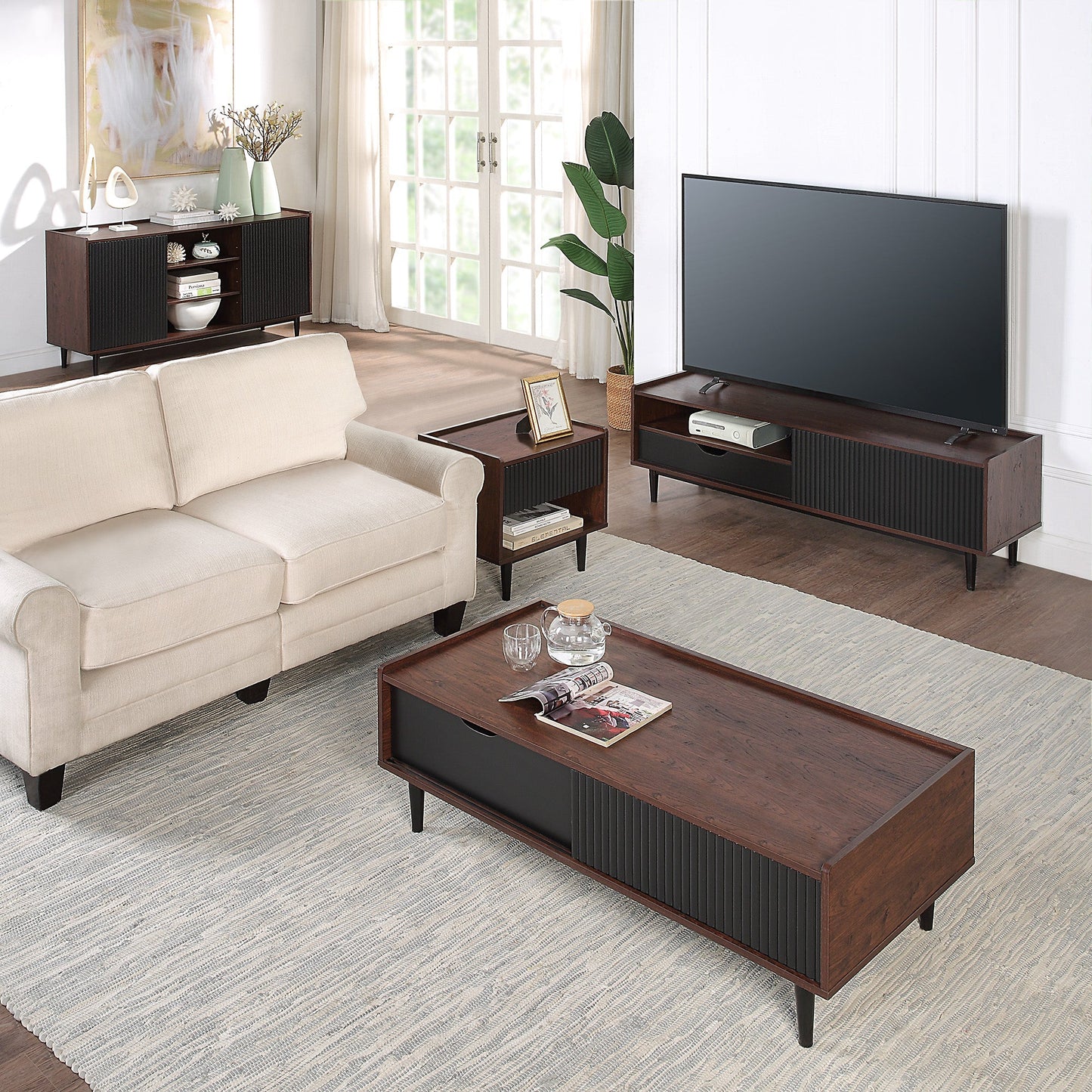 Manhattan Comfort Duane Modern Ribbed 4 Piece Living Room Set: Sideboard, TV Stand, Coffee Table, End Table in Dark Brown and Black 4-8911GLF-BK
