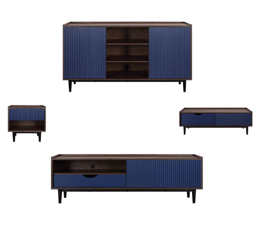Manhattan Comfort Duane Modern Ribbed 4 Piece Living Room Set: Sideboard, TV Stand, Coffee Table, End Table in Dark Brown and Navy Blue 4-8911GLF-NB