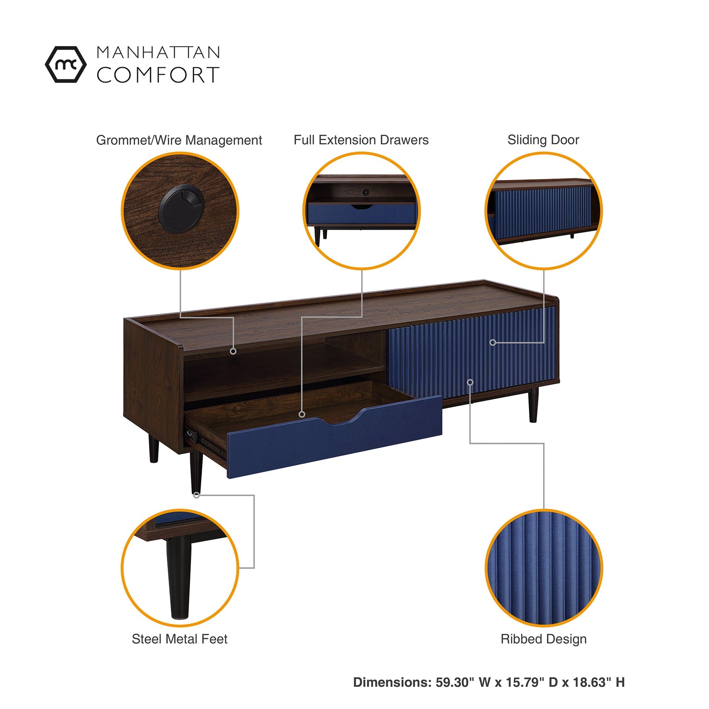 Manhattan Comfort Duane Modern Ribbed 4 Piece Living Room Set: Sideboard, TV Stand, Coffee Table, End Table in Dark Brown and Navy Blue 4-8911GLF-NB