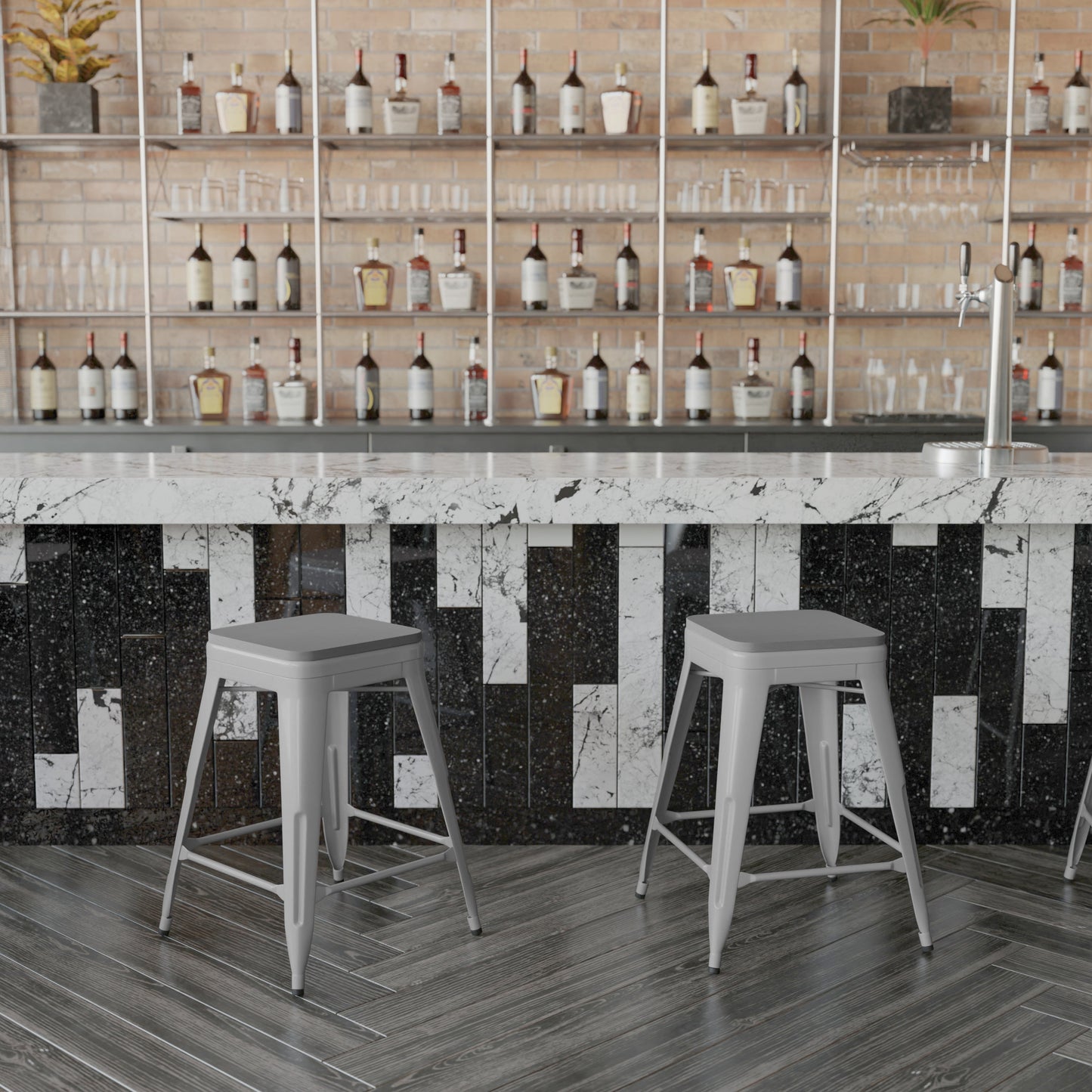 4PK 24" Silver Stool-Gray Seat 4-ET-31320-24-SV-R-PL2G-GG