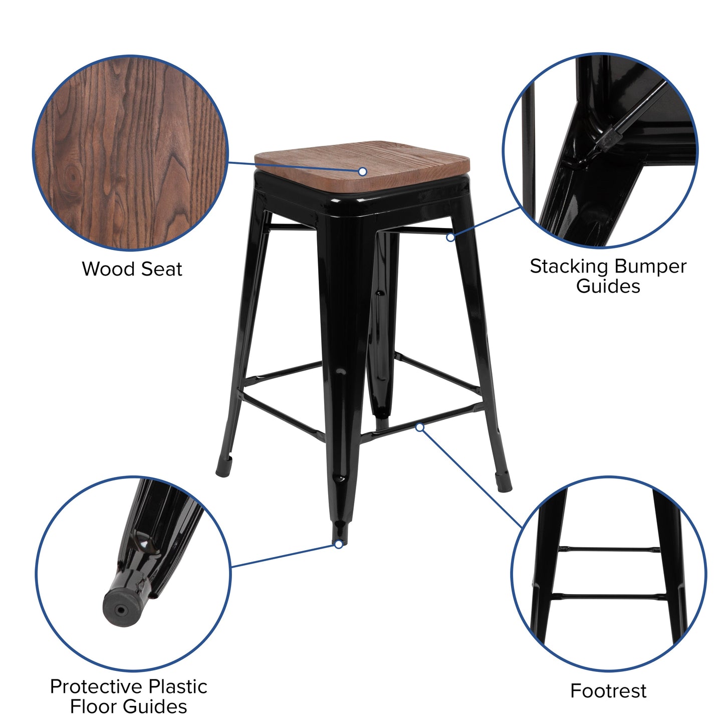 Black 24" High Metal Stool 4-ET-31320W-24-BK-R-GG