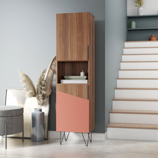 Manhattan Comfort Beekman 17.51 Narrow Bookcase Cabinet with 5 Shelves in Brown and Pink 404AMC229
