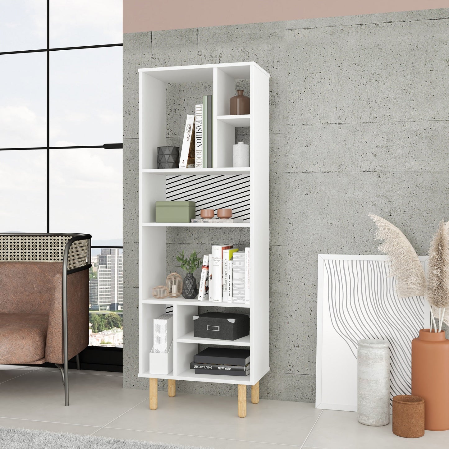 Manhattan Comfort Essex 60.23 Décor Bookcase with 8 Shelves in White and Zebra 410AMC176