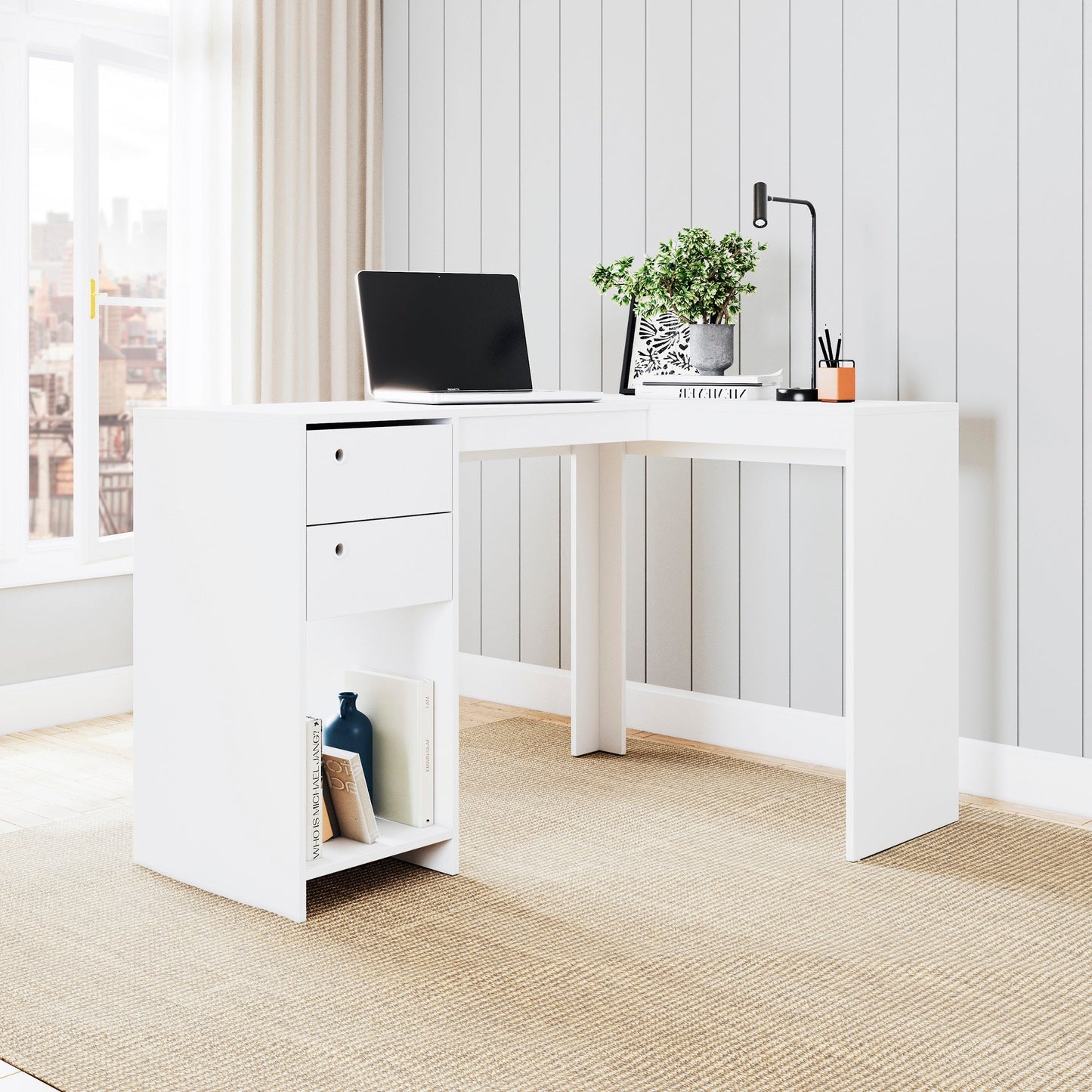 Manhattan Comfort Modest Palermo Classic "L" Shaped Desk with 2 Drawers and 1 Cubby in White 41AMC6