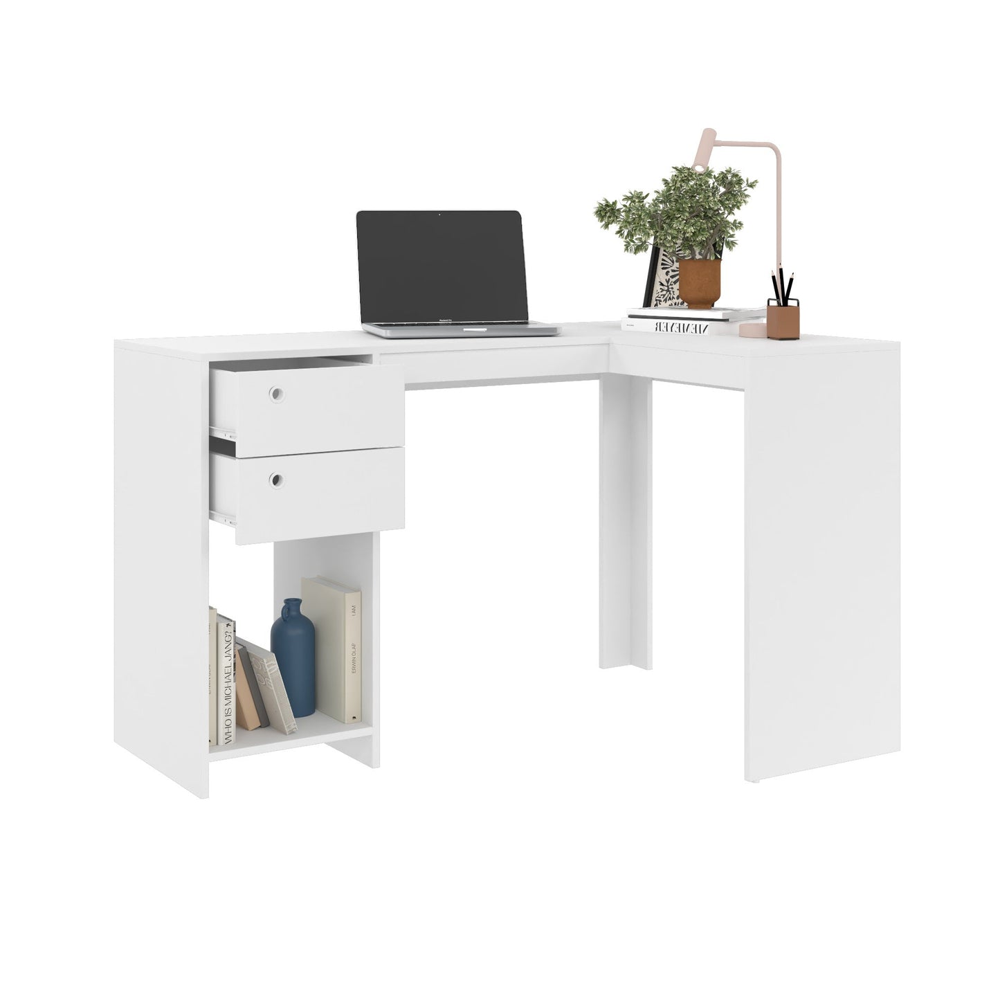Manhattan Comfort Modest Palermo Classic "L" Shaped Desk with 2 Drawers and 1 Cubby in White 41AMC6