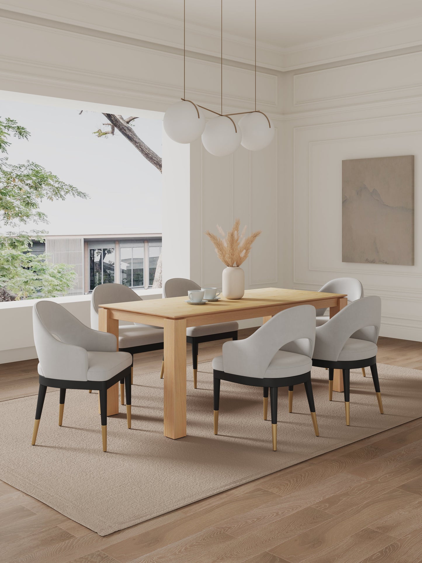 Manhattan Comfort 7-Piece Rockaway Modern 70.86 Solid Wood Dining Set in Natural with 6 Carrington Dining Chairs in Light Grey 6-DT02DC089AR-NALG