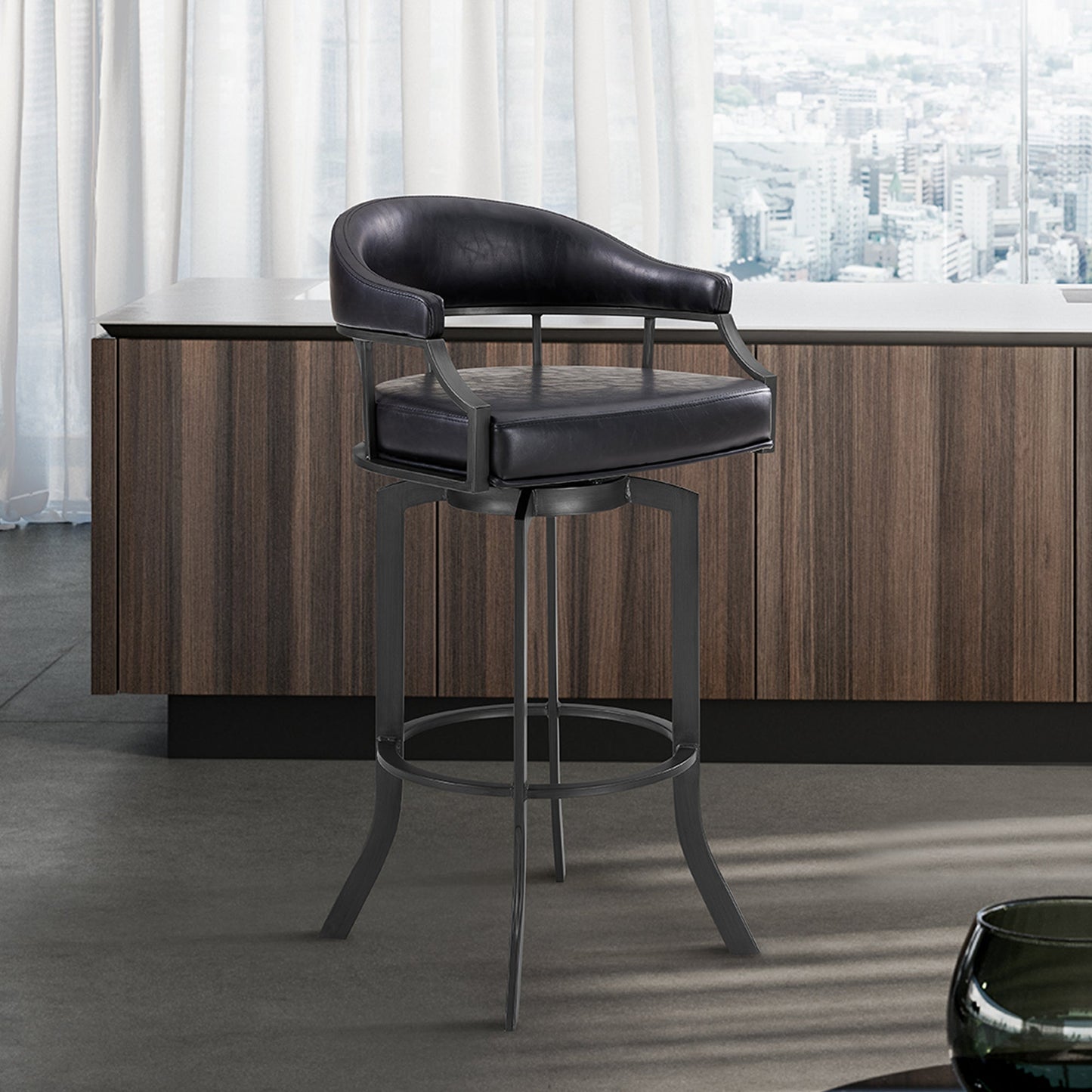 Pharaoh Swivel Bar Stool with Faux Leather and Metal Finish in Various Heights