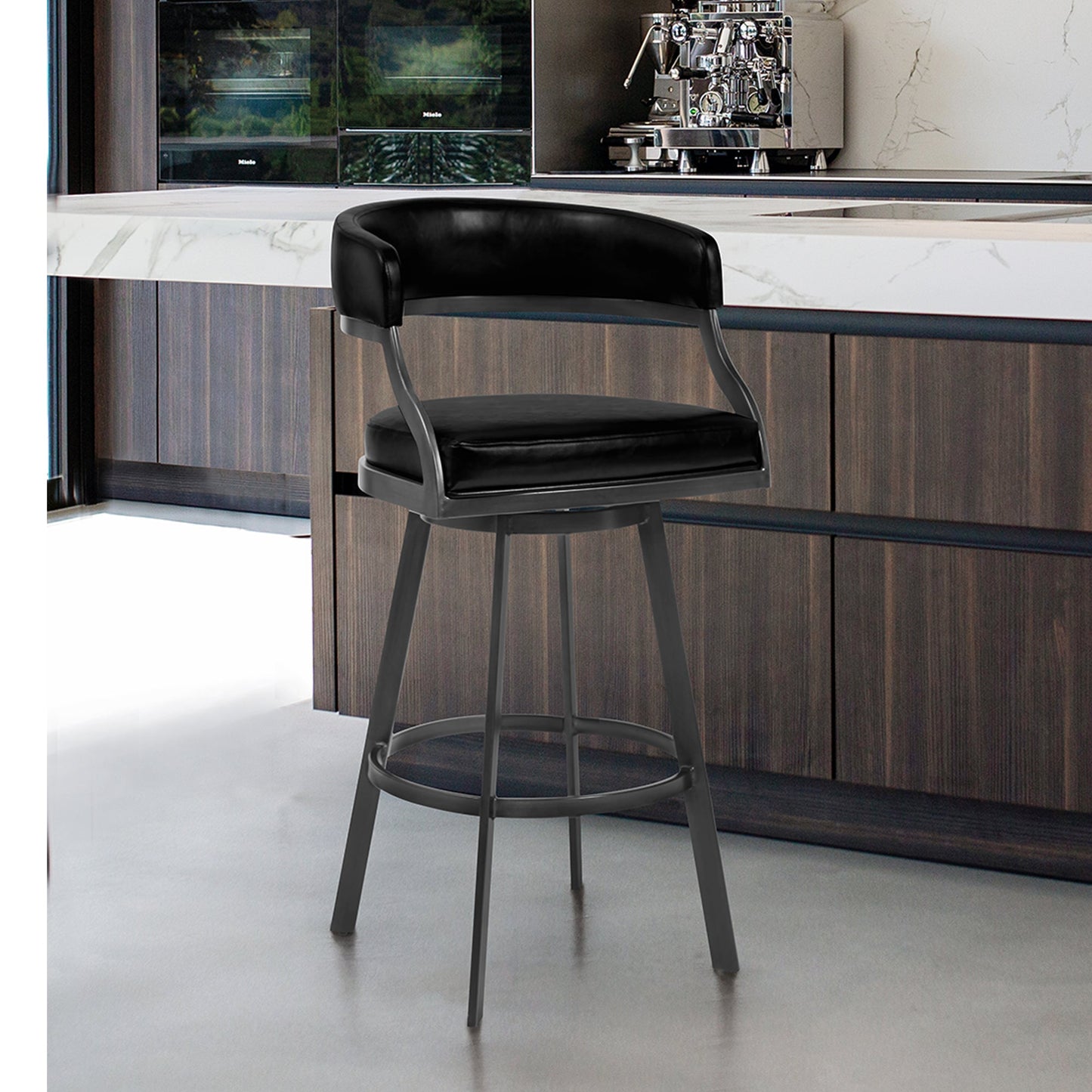 Dione Counter and Bar Height Swivel Barstool with Faux Leather and Metal Base