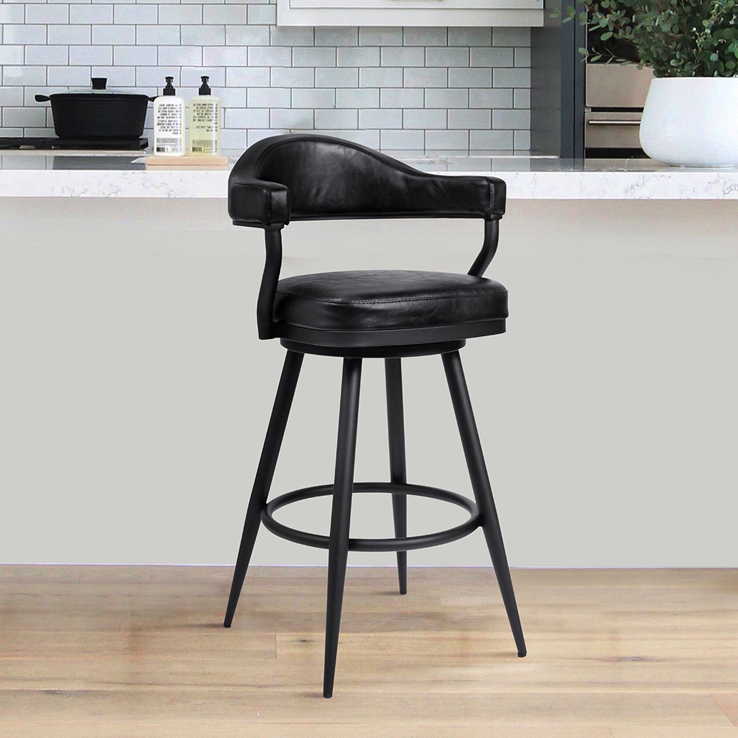 Amador Counter and Bar Height Barstool in Black Powder Coated Finish and Faux Leather