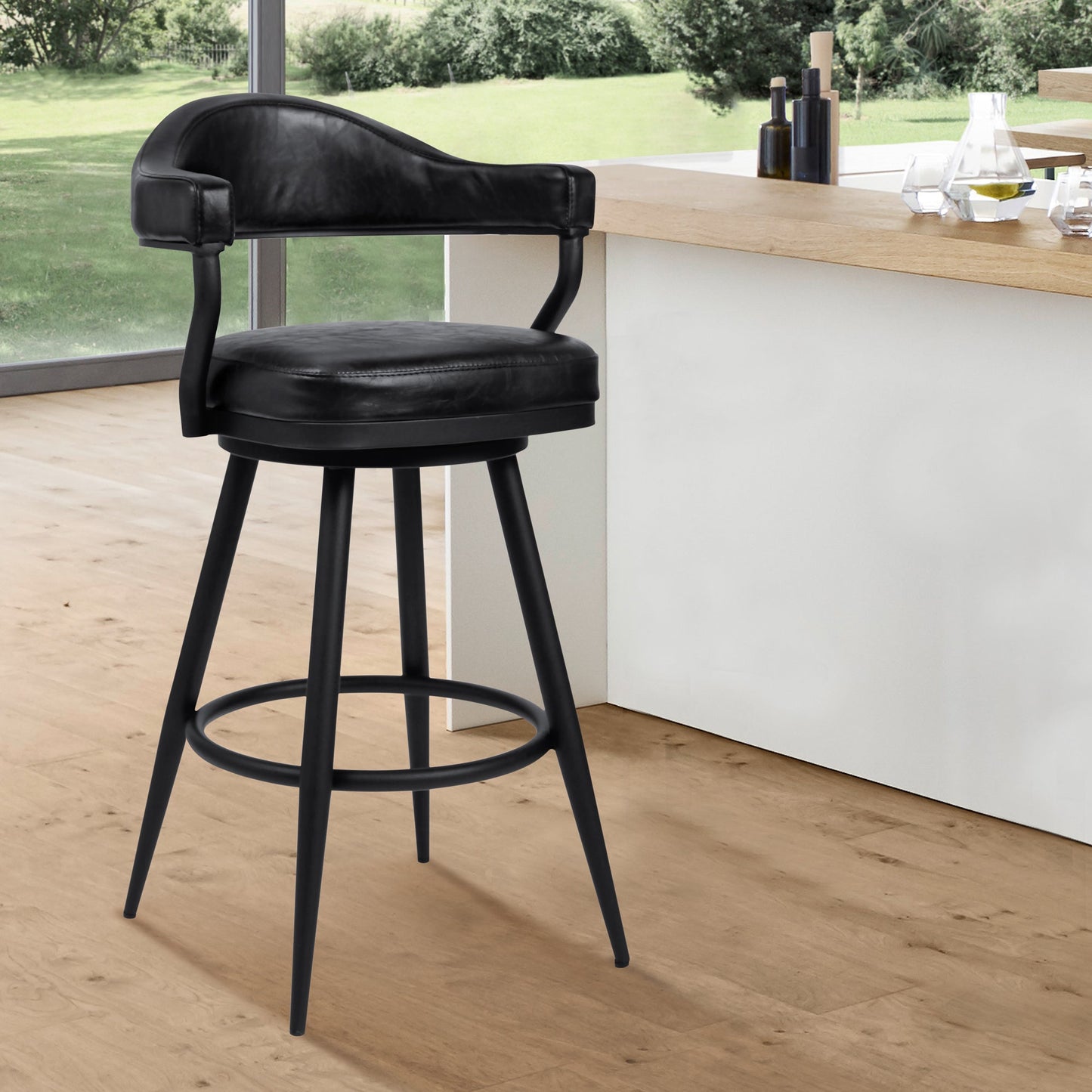 Amador Counter and Bar Height Barstool in Black Powder Coated Finish and Faux Leather