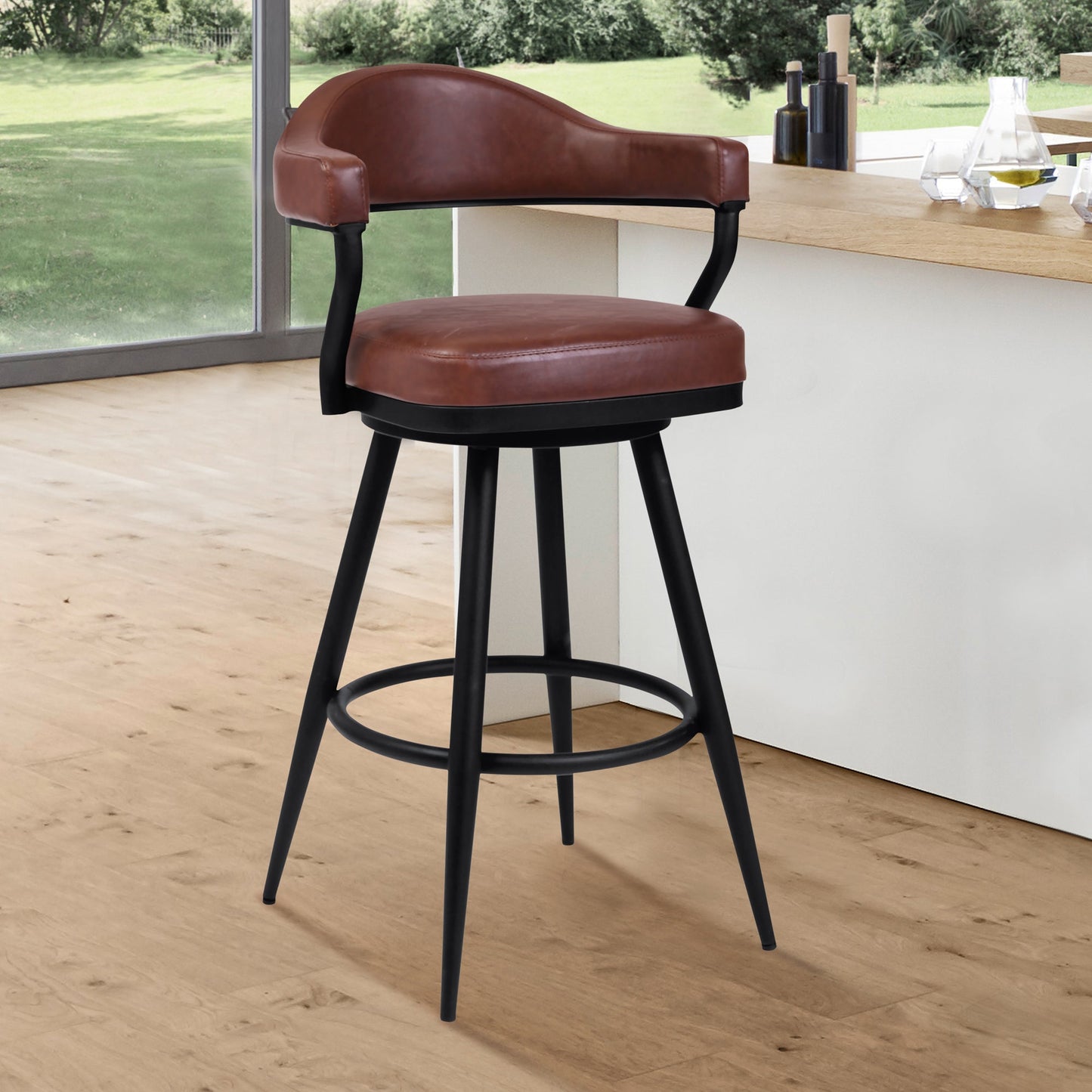 Amador Counter and Bar Height Barstool in Black Powder Coated Finish and Faux Leather