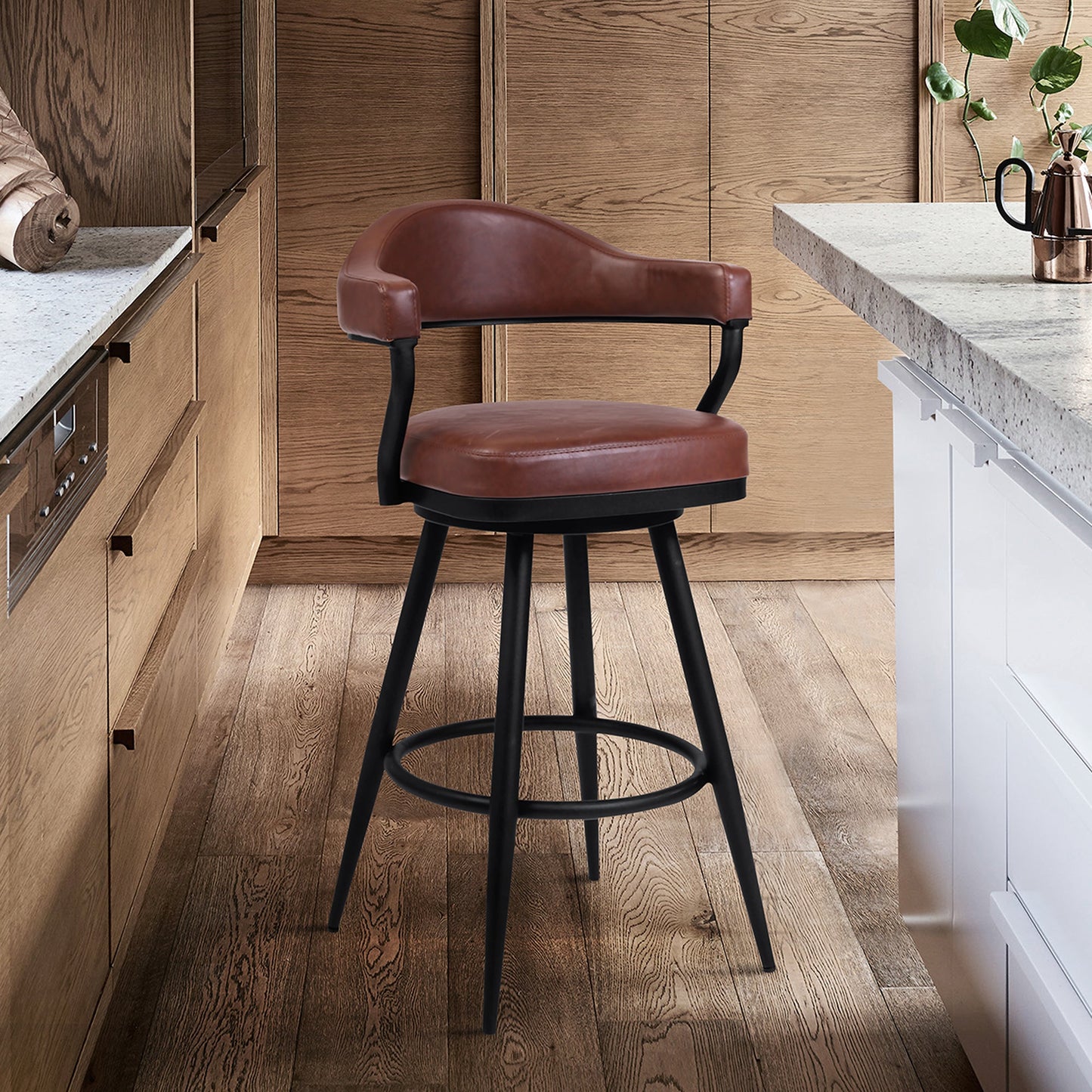 Amador Counter and Bar Height Barstool in Black Powder Coated Finish and Faux Leather