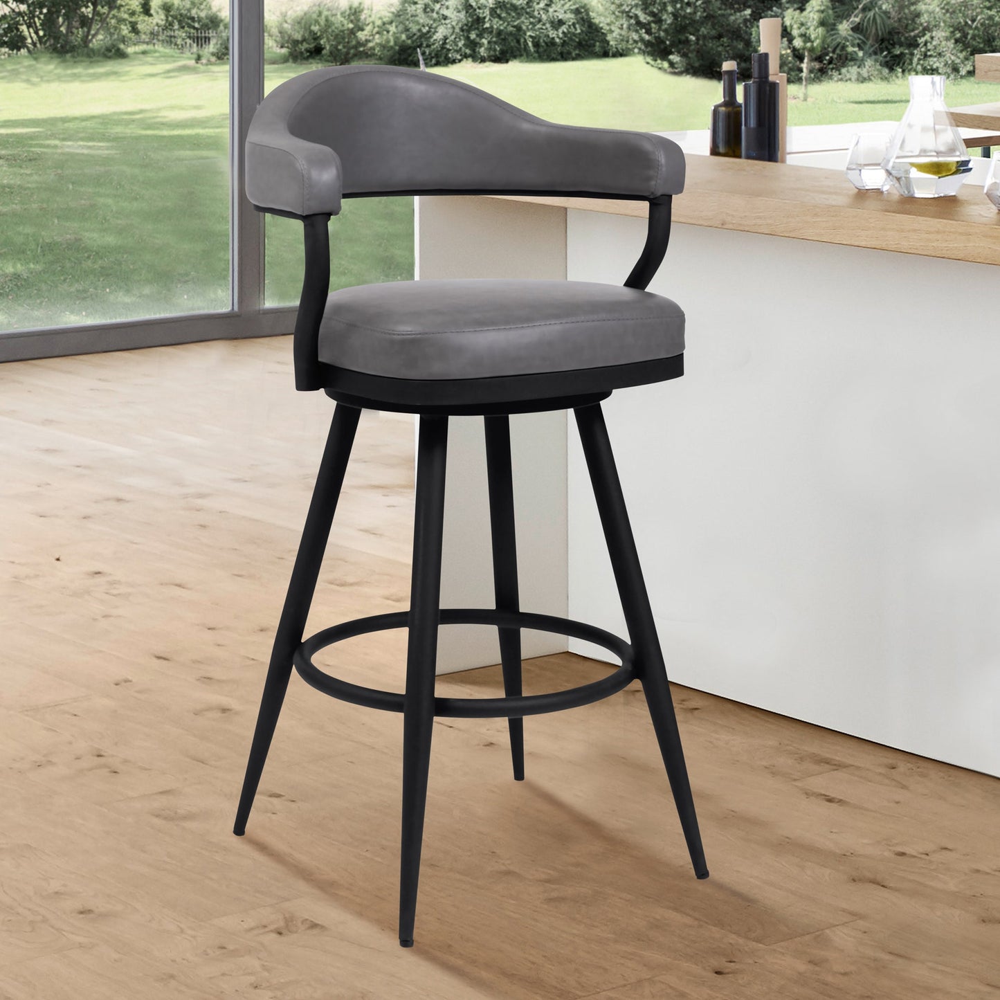 Amador Counter and Bar Height Barstool in Black Powder Coated Finish and Faux Leather