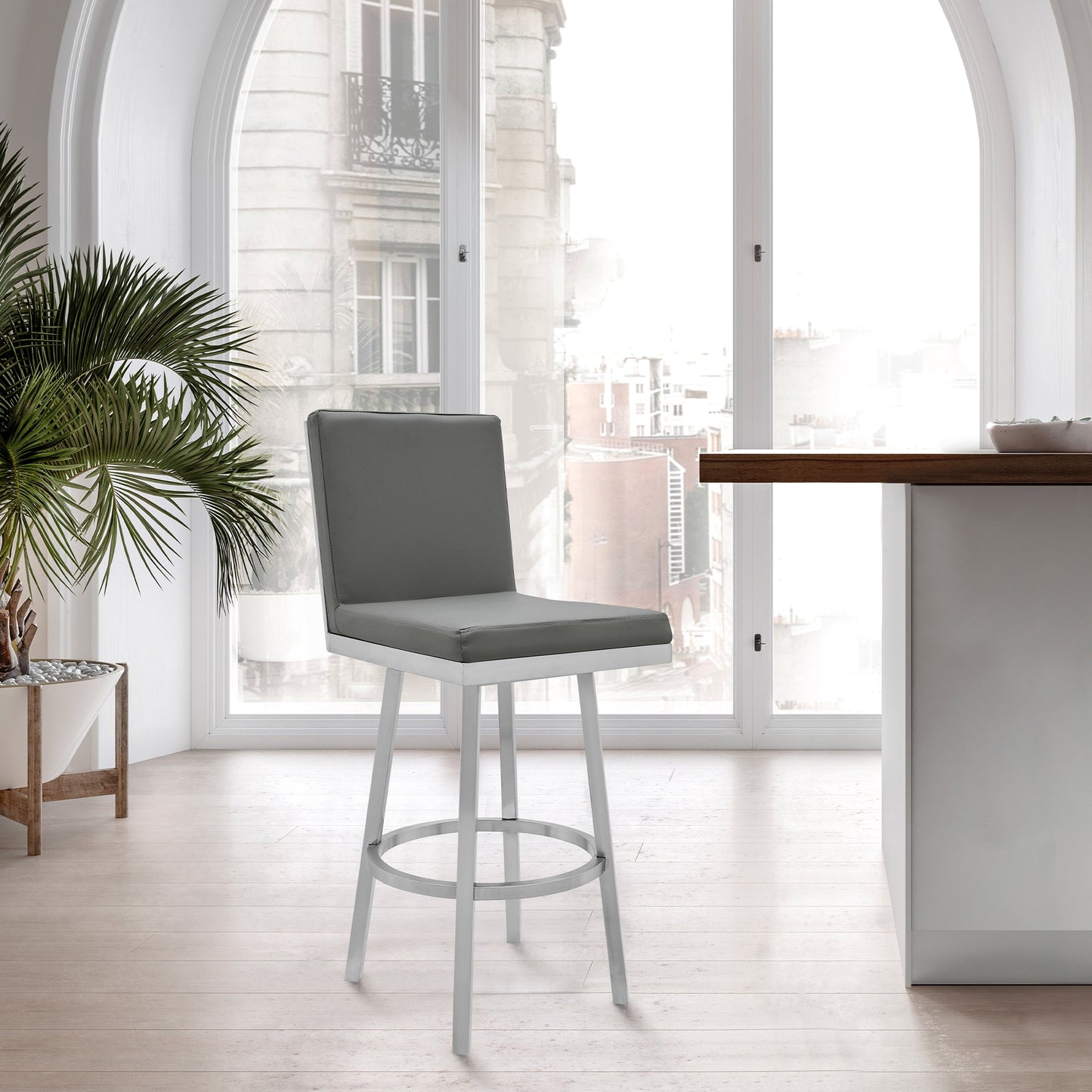 Gem Swivel Modern Metal and Gray Faux Leather Bar and Counter Stool